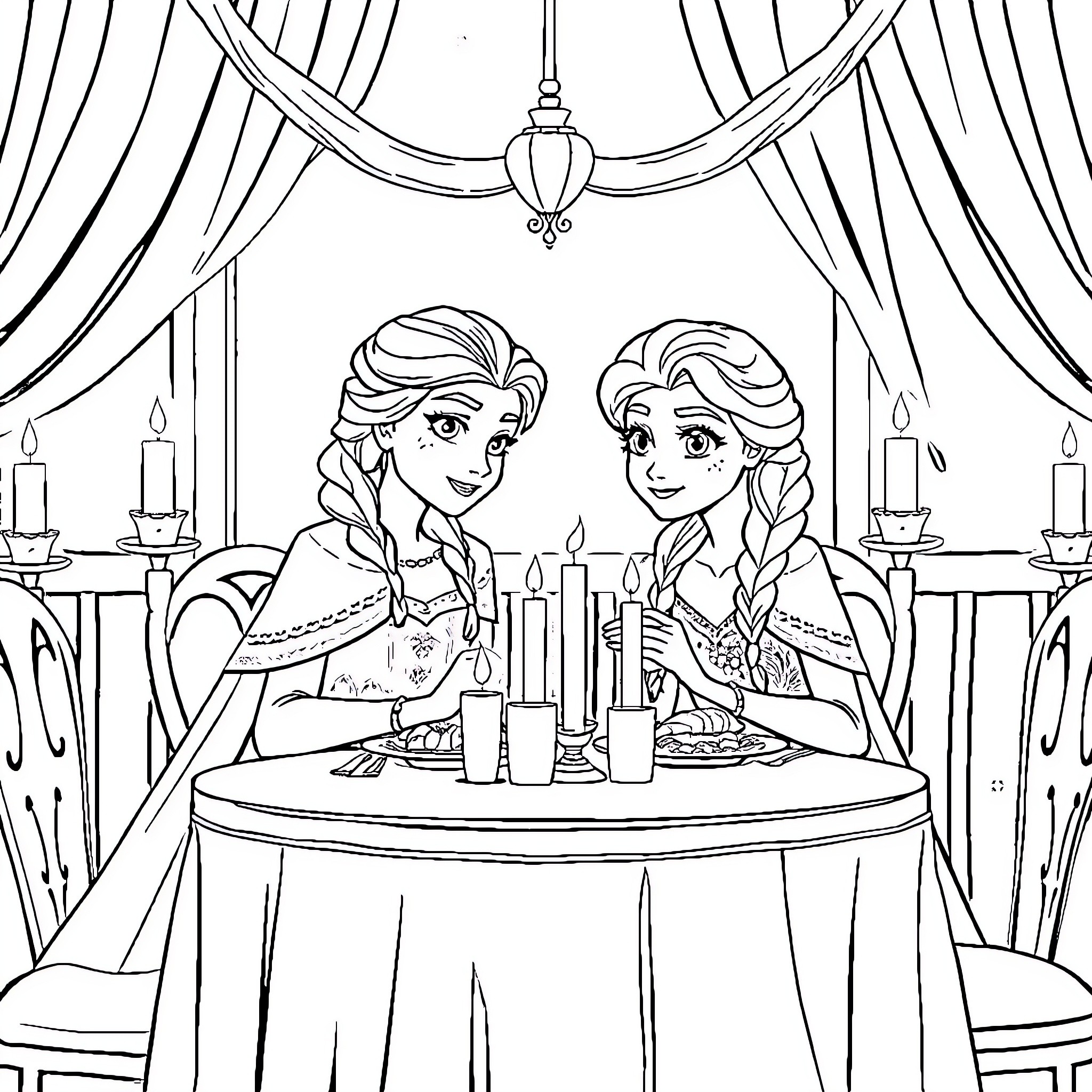 Elsa and Anna Enjoying a Candlelit Dinner Coloring Page (free black-and-white line drawing printable PDF for all, from beginners to advanced learners, including children, teens, adults, and seniors)