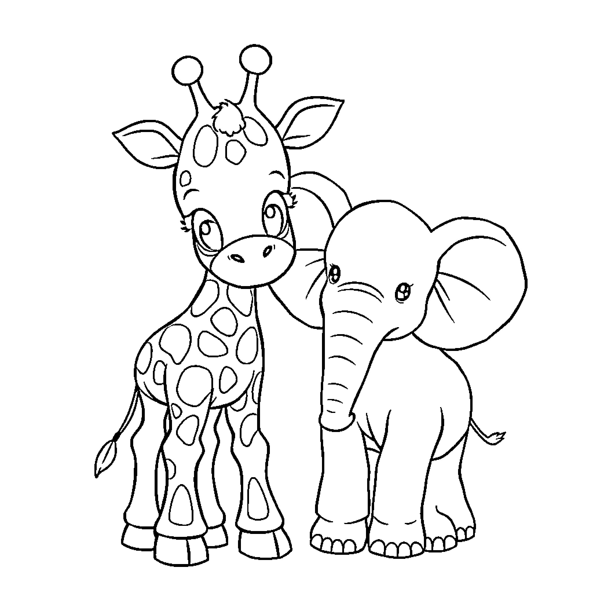 Giraffe and Elephant Playfully Together Coloring Page (free black-and-white line drawing printable PDF for all, from beginners to advanced learners, including children, teens, adults, and seniors)
