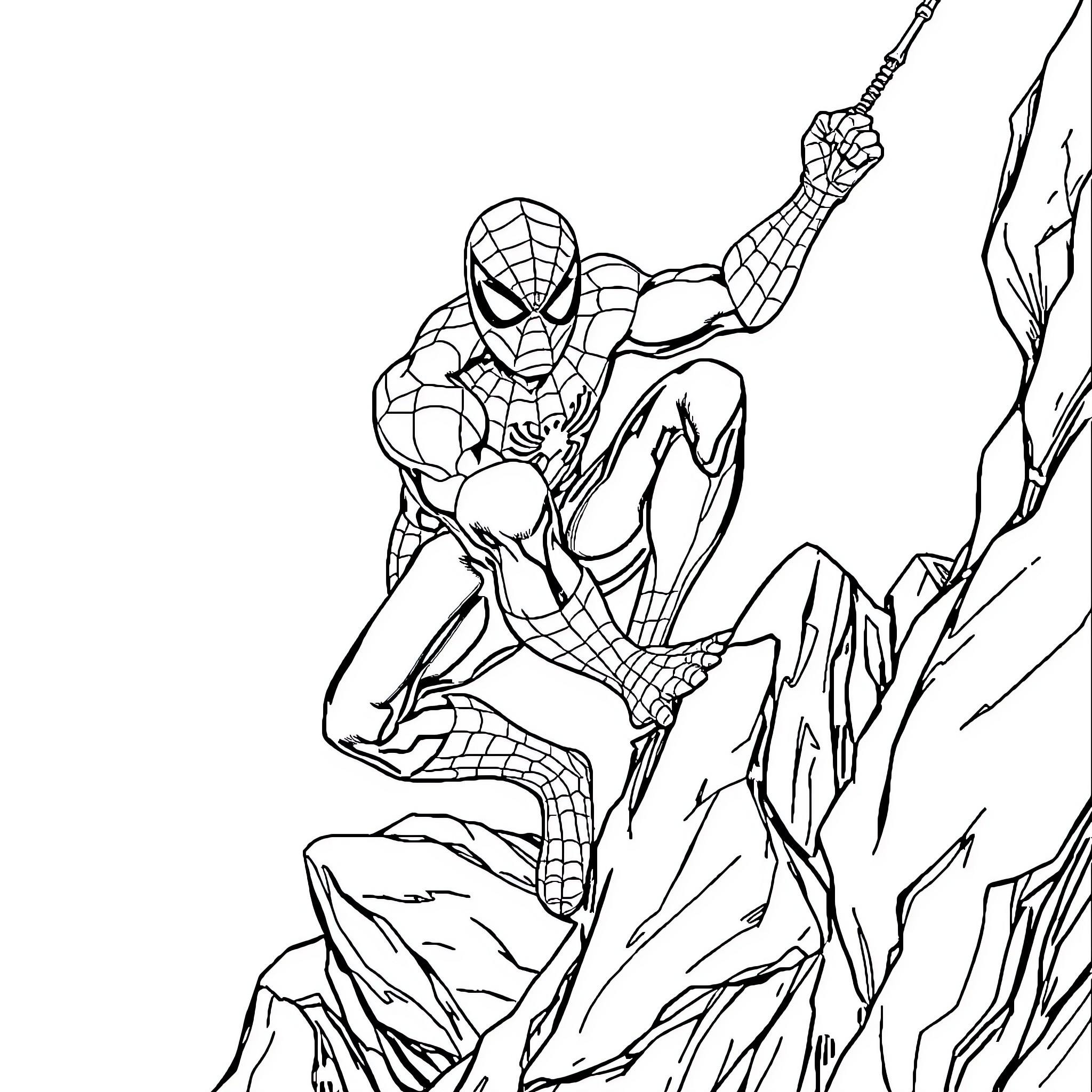 Spiderman swinging through the city Coloring Page (free black-and-white line drawing printable PDF for all, from beginners to advanced learners, including children, teens, adults, and seniors)