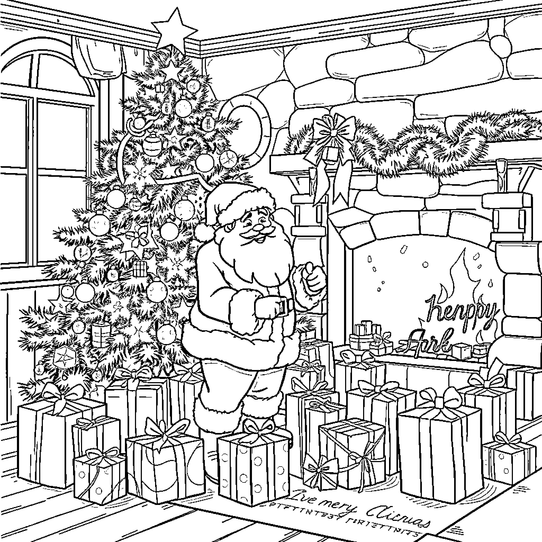 Santa Decorating Christmas Tree with Presents Coloring Page (free black-and-white line drawing printable PDF for all, from beginners to advanced learners, including children, teens, adults, and seniors)