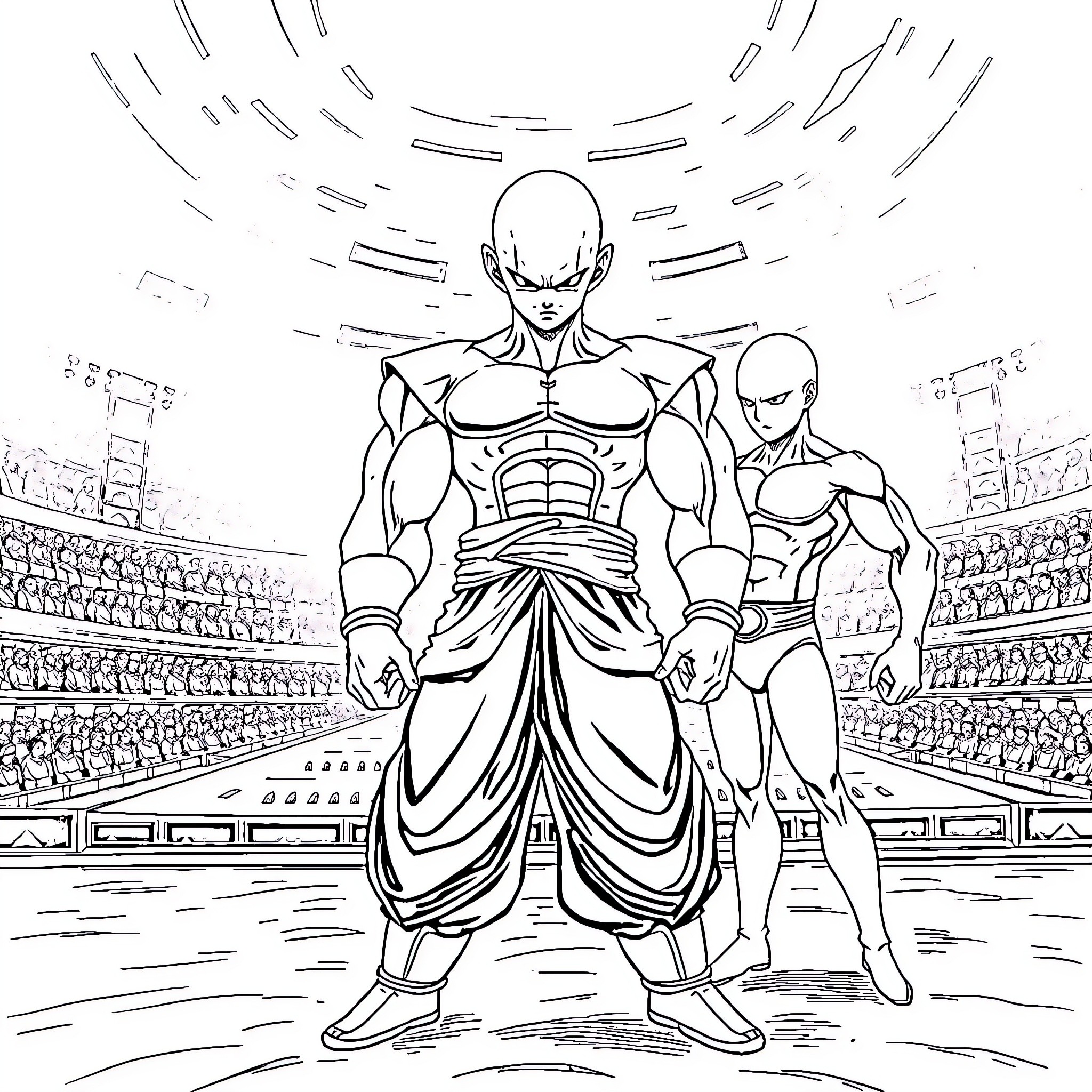 Jiren's Powerful Stance in Arena Coloring Page (free black-and-white line drawing printable PDF for all, from beginners to advanced learners, including children, teens, adults, and seniors)