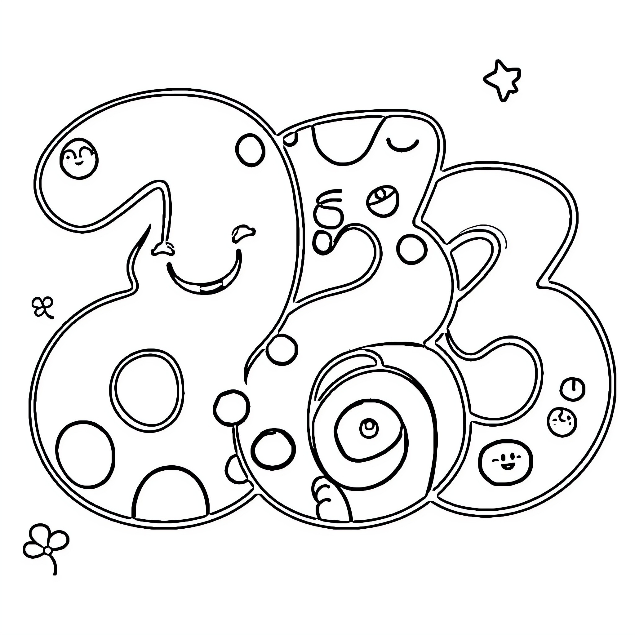 Number Whimsical Cartoon Characters with Shapes Coloring Page (free black-and-white line drawing printable PDF for all, from beginners to advanced learners, including children, teens, adults, and seniors)