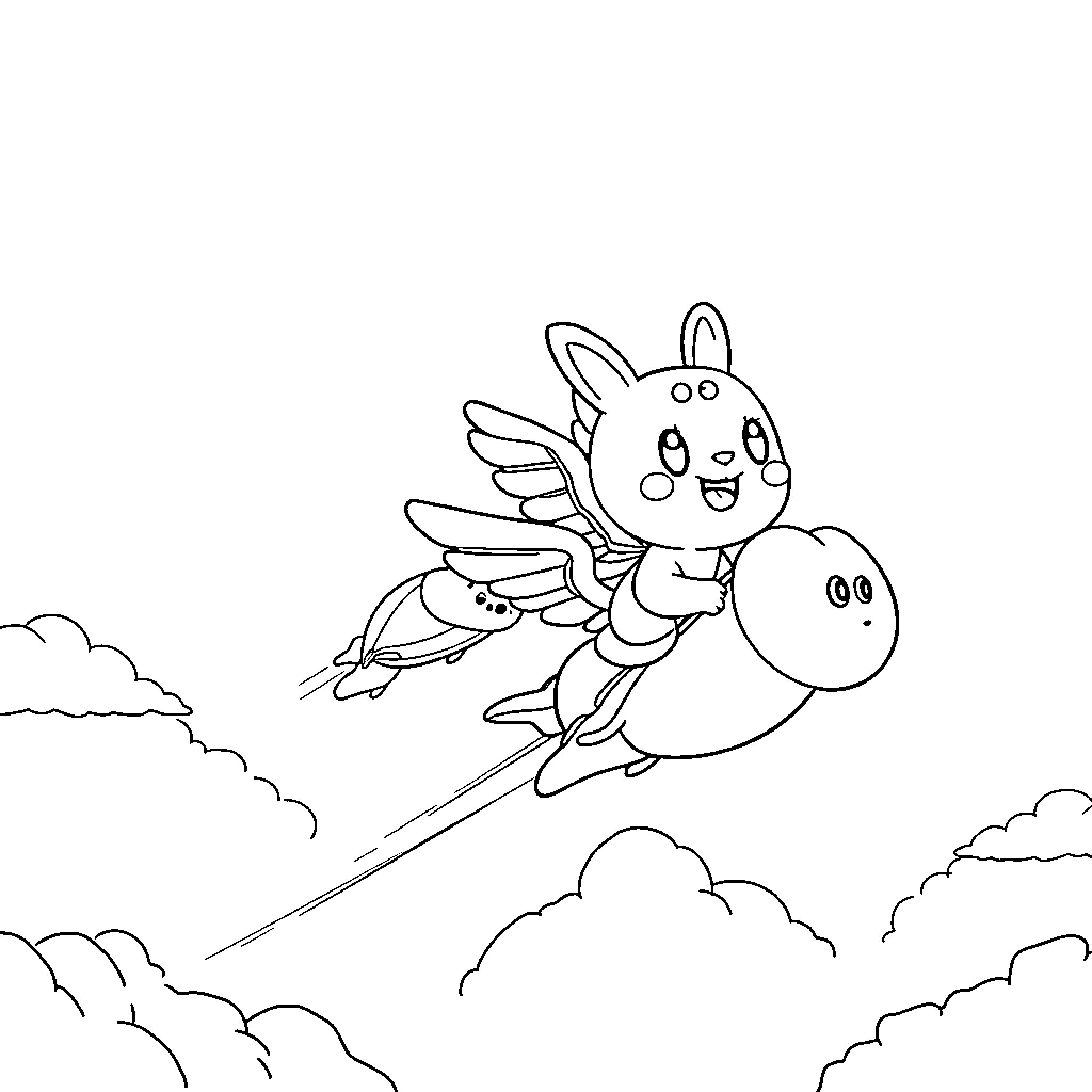 Molang flying joyfully with a dragon companion Coloring Page (free black-and-white line drawing printable PDF for all, from beginners to advanced learners, including children, teens, adults, and seniors)