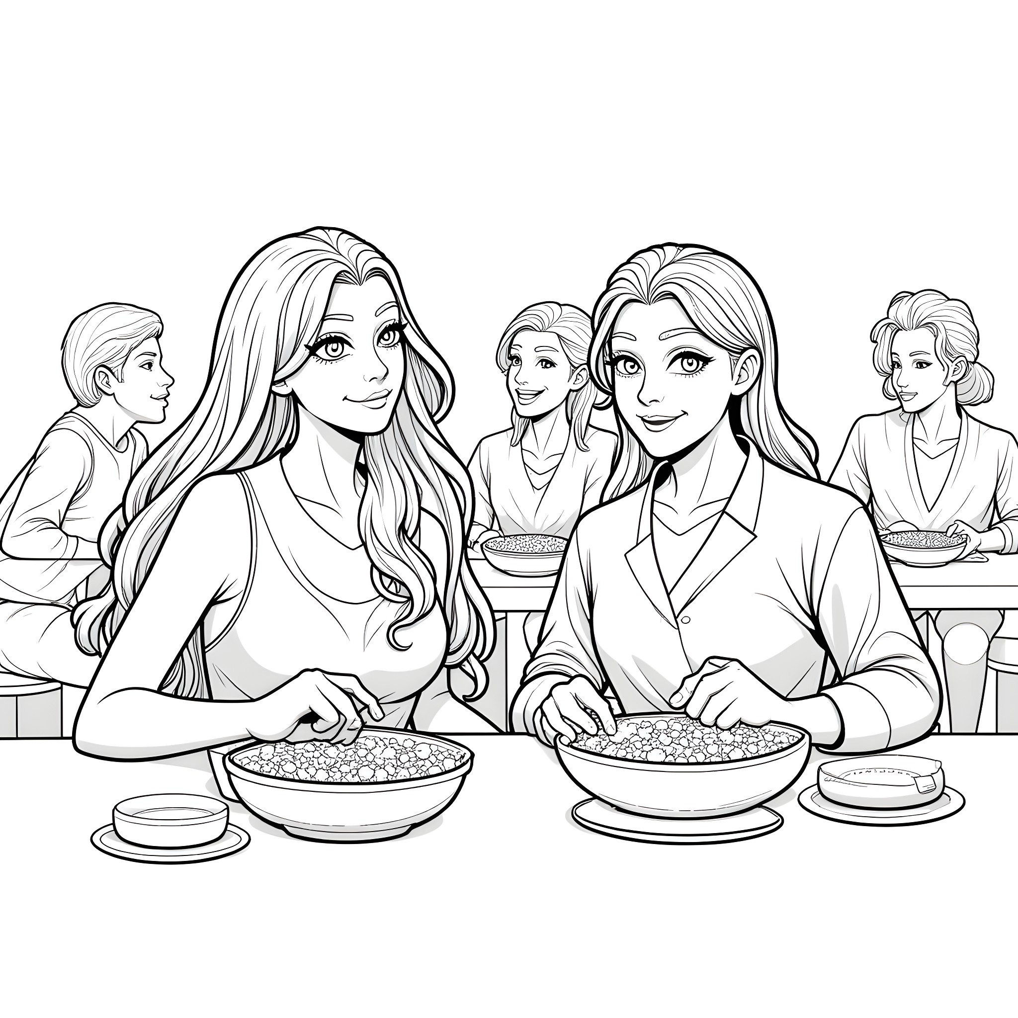 Noelle Silva and friends enjoying a meal together Coloring Page (free black-and-white line drawing printable PDF for all, from beginners to advanced learners, including children, teens, adults, and seniors)