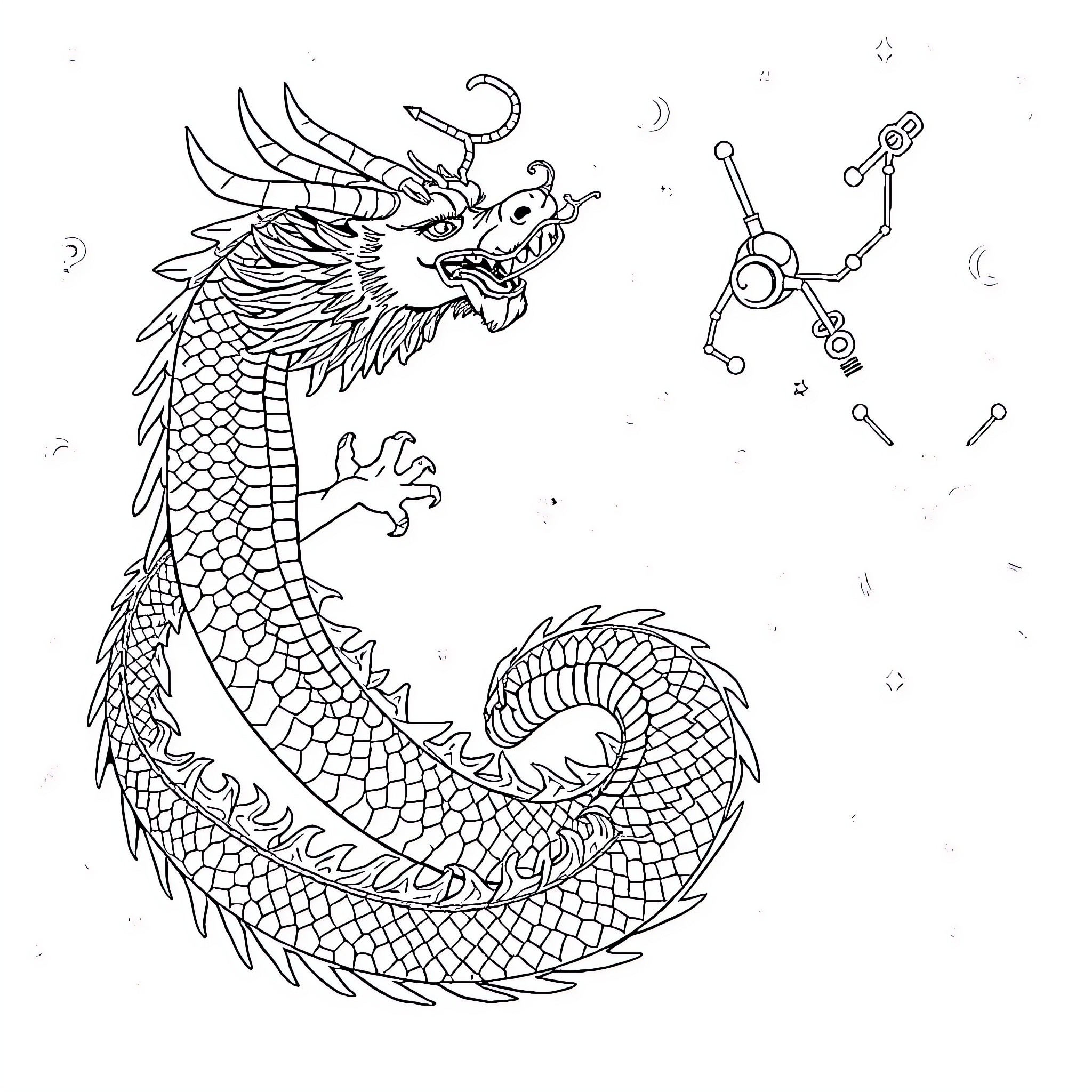 Dragon Unleashing Fierce Fury Coloring Page (free black-and-white line drawing printable PDF for all, from beginners to advanced learners, including children, teens, adults, and seniors)