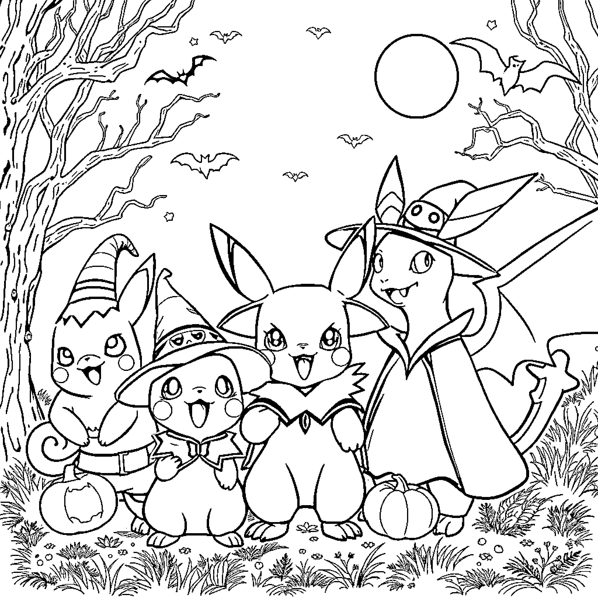 Pokémon characters in a spooky forest scene Coloring Page (free black-and-white line drawing printable PDF for all, from beginners to advanced learners, including children, teens, adults, and seniors)