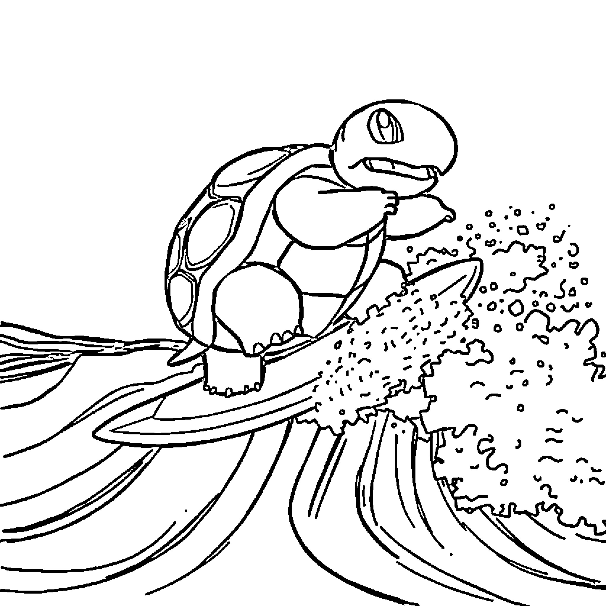 Blastoise riding a giant wave with determination Coloring Page (free black-and-white line drawing printable PDF for all, from beginners to advanced learners, including children, teens, adults, and seniors)