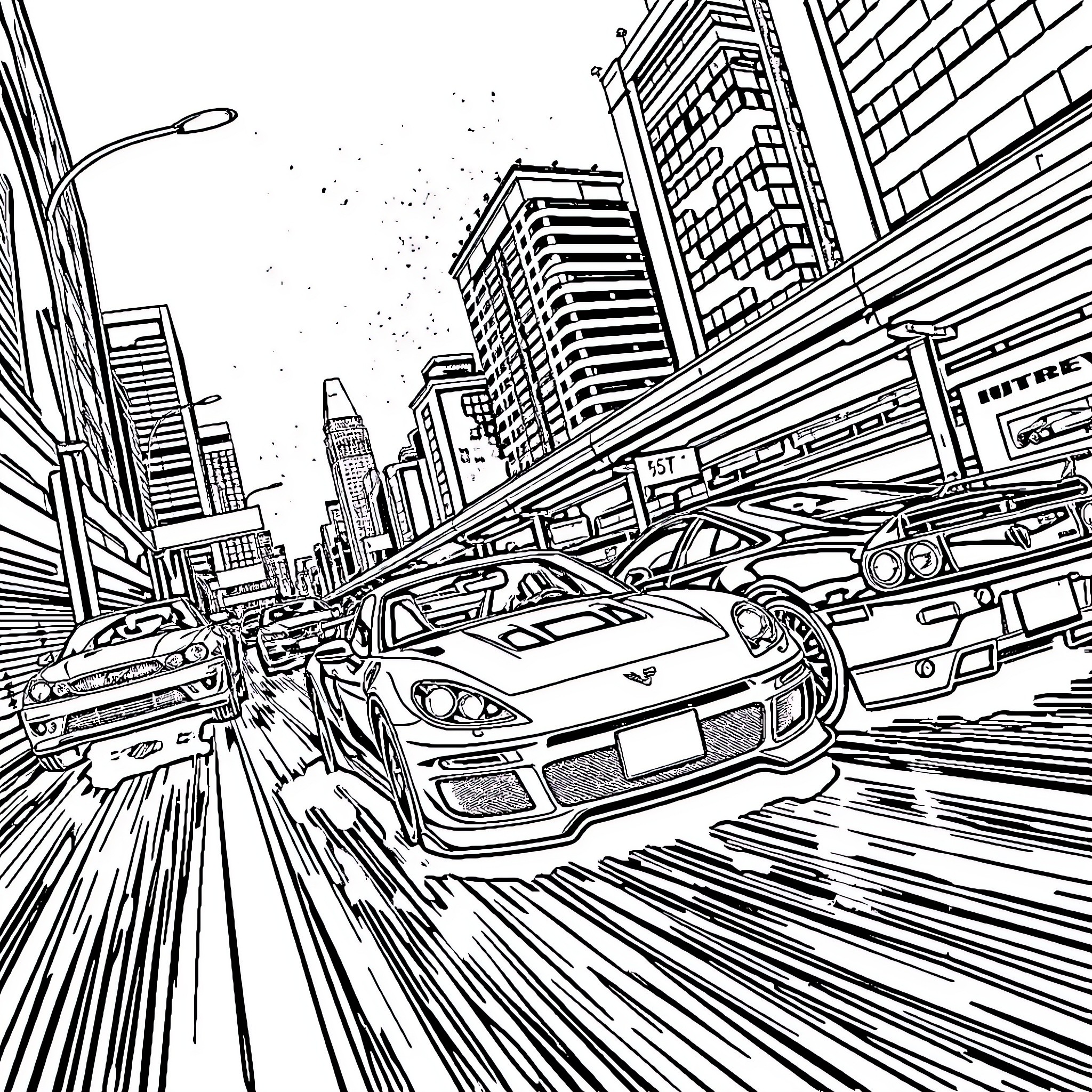 Speed through the Bustling City Streets Coloring Page (free black-and-white line drawing printable PDF for all, from beginners to advanced learners, including children, teens, adults, and seniors)