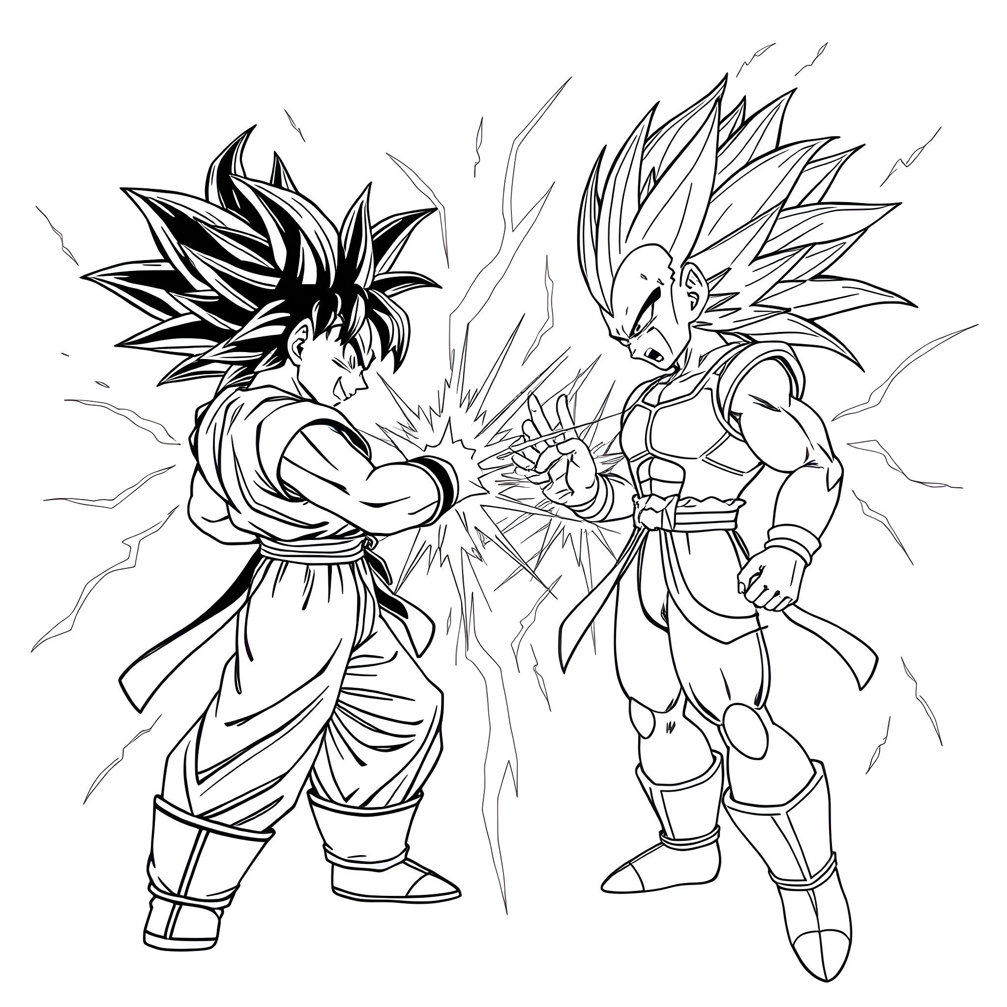 Goku and Vegeta clashing in an epic battle Coloring Page (free black-and-white line drawing printable PDF for all, from beginners to advanced learners, including children, teens, adults, and seniors)