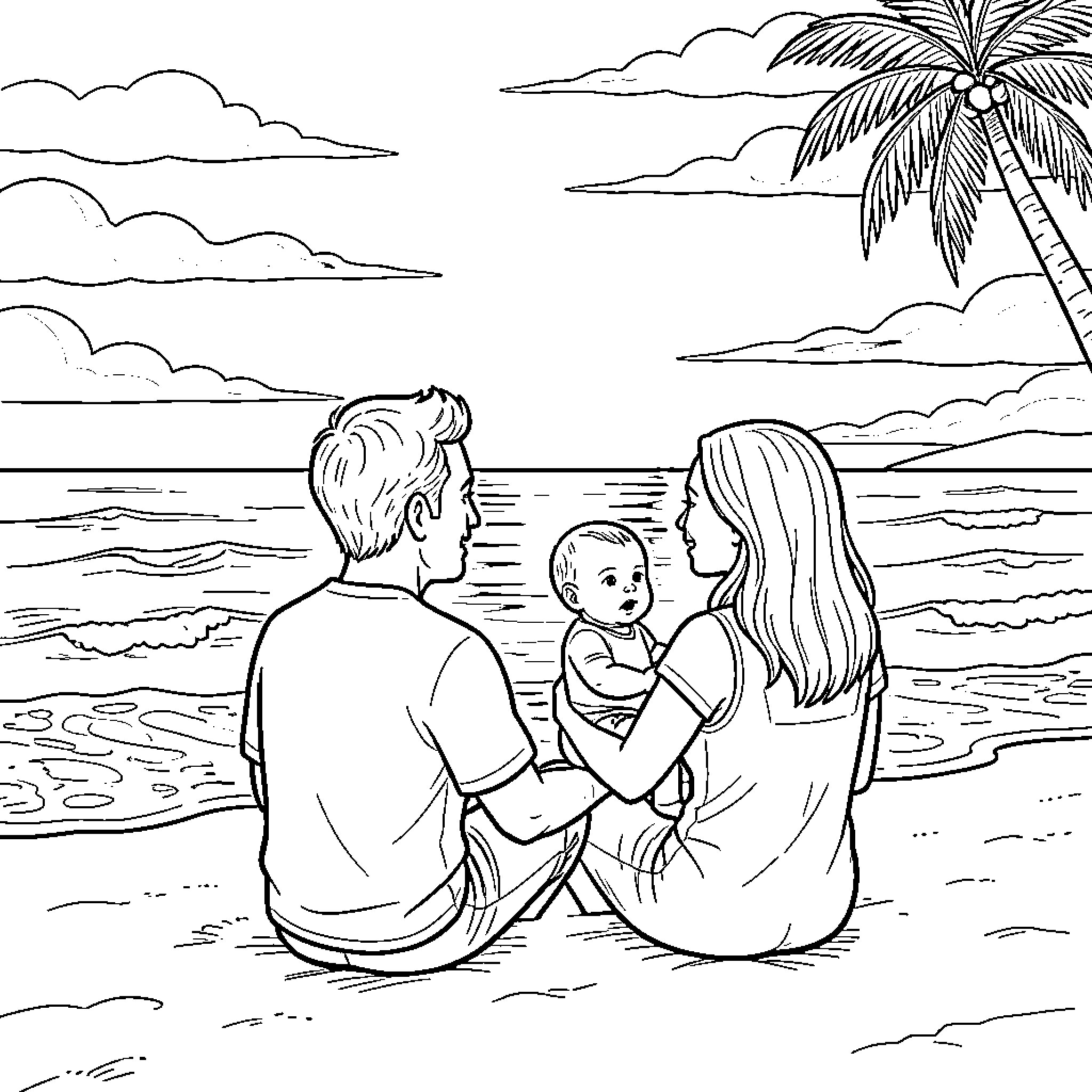 Pareja disfrutando de una tarde en la playa con su bebé Coloring Page (free black-and-white line drawing printable PDF for all, from beginners to advanced learners, including children, teens, adults, and seniors)