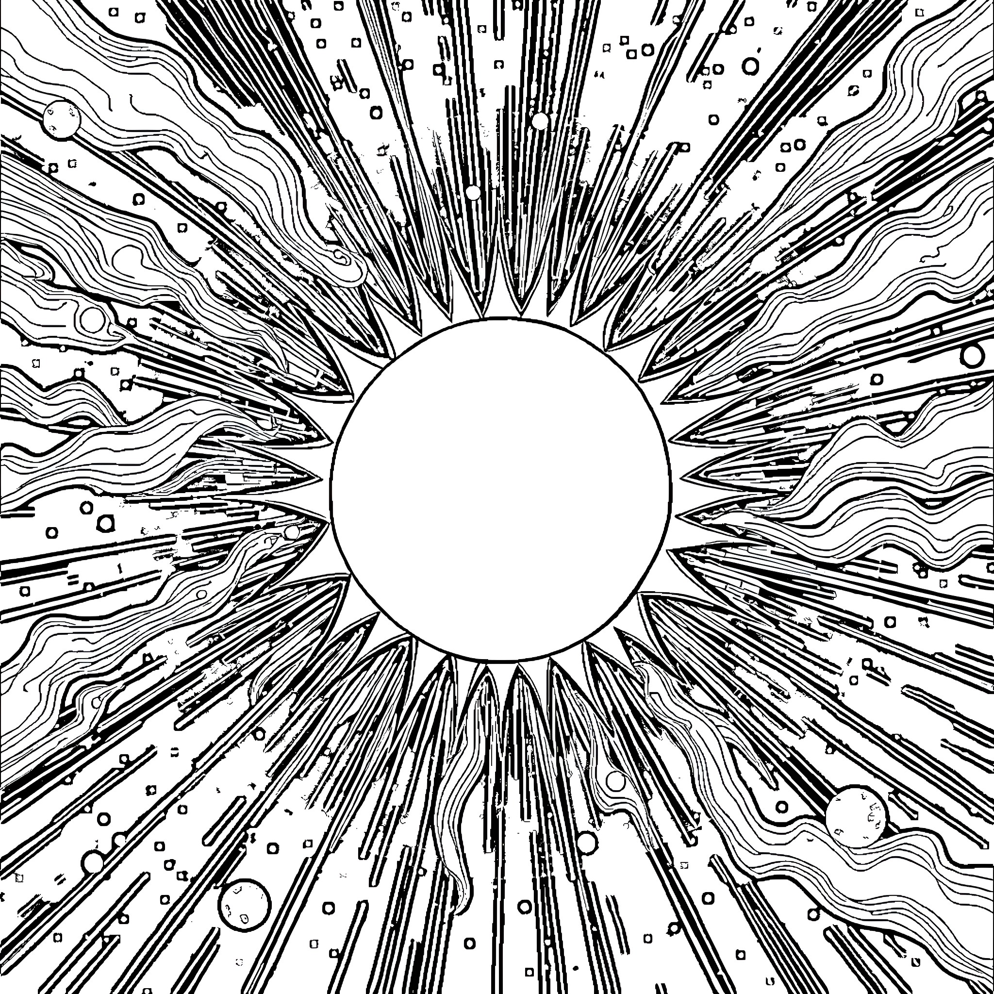 Year Bursting Cosmic Rays and Celestial Orb Coloring Page (free black-and-white line drawing printable PDF for all, from beginners to advanced learners, including children, teens, adults, and seniors)