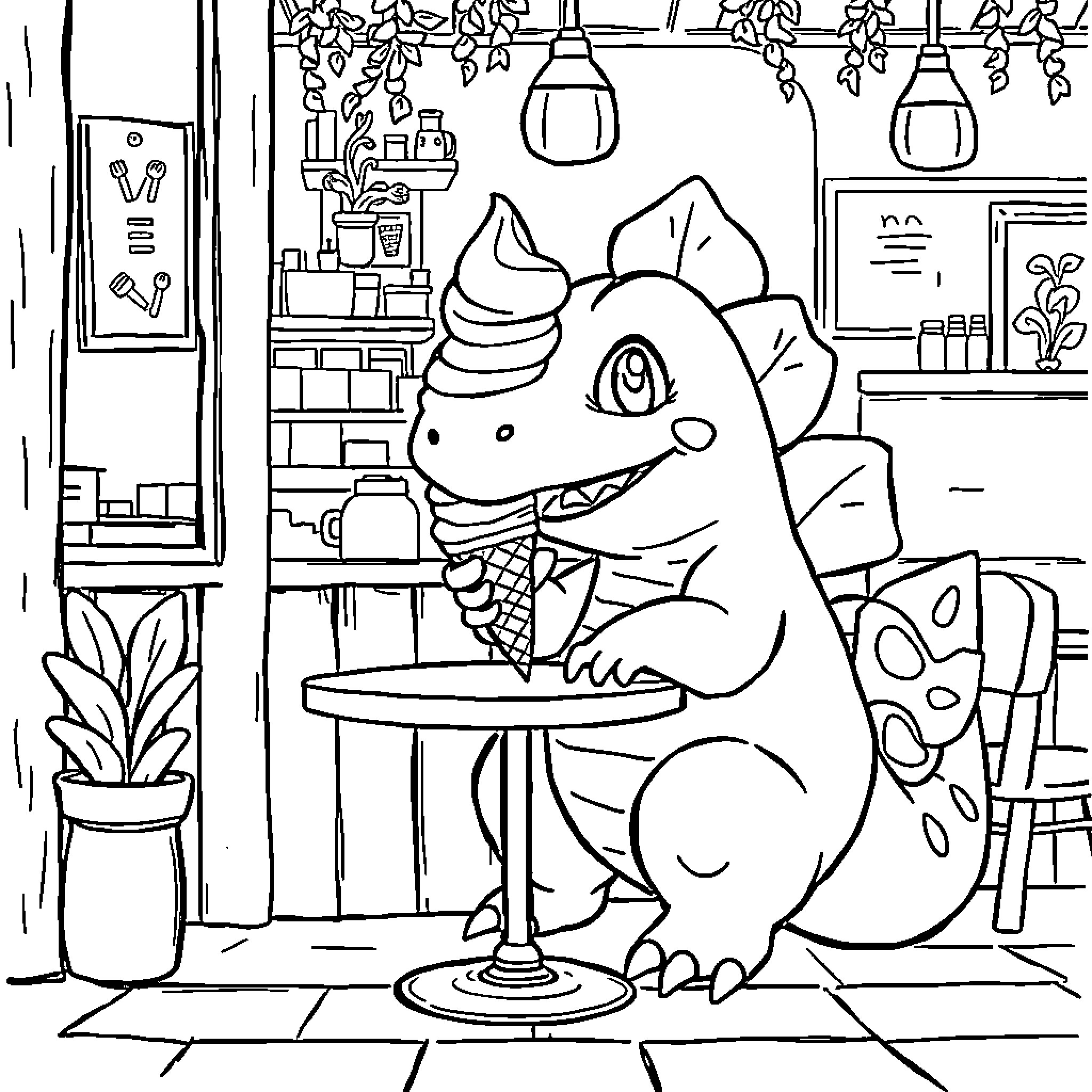 Ivysaur enjoying a treat in a cozy cafe Coloring Page (free black-and-white line drawing printable PDF for all, from beginners to advanced learners, including children, teens, adults, and seniors)