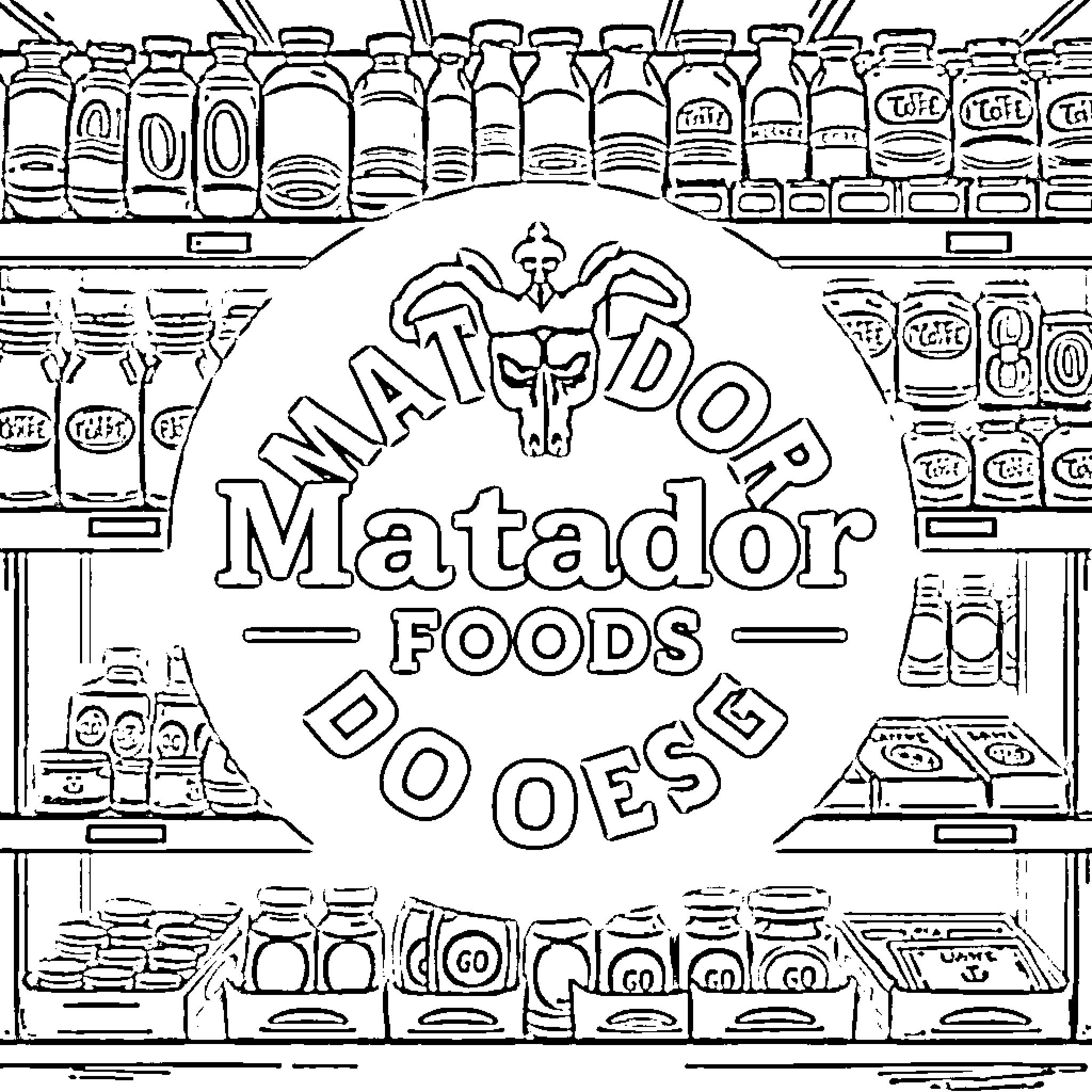 Matador Foods: Shelves of Packaged Goods Coloring Page (free black-and-white line drawing printable PDF for all, from beginners to advanced learners, including children, teens, adults, and seniors)