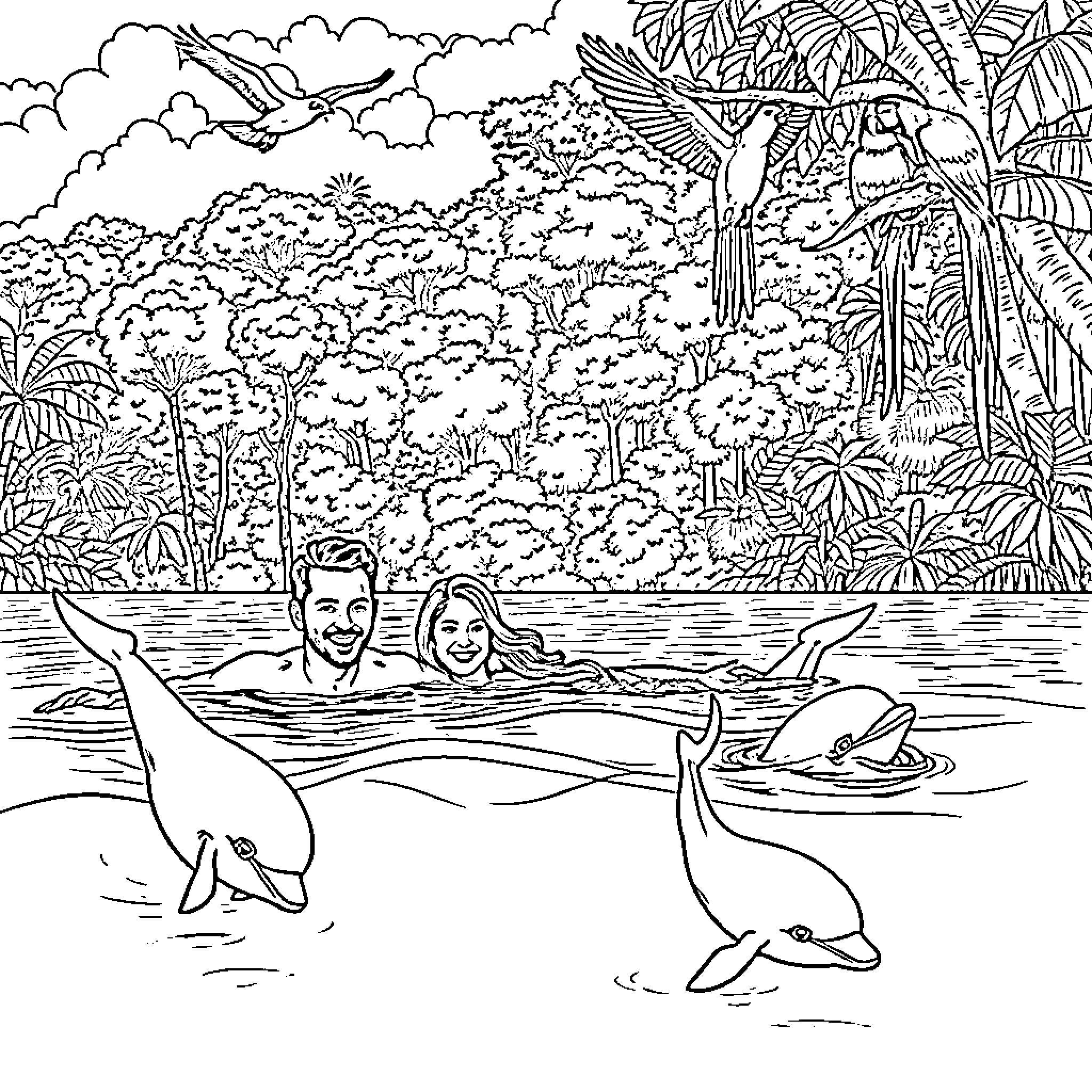 Dolphin Swimming with People in Tropical Paradise Coloring Page (free black-and-white line drawing printable PDF for all, from beginners to advanced learners, including children, teens, adults, and seniors)