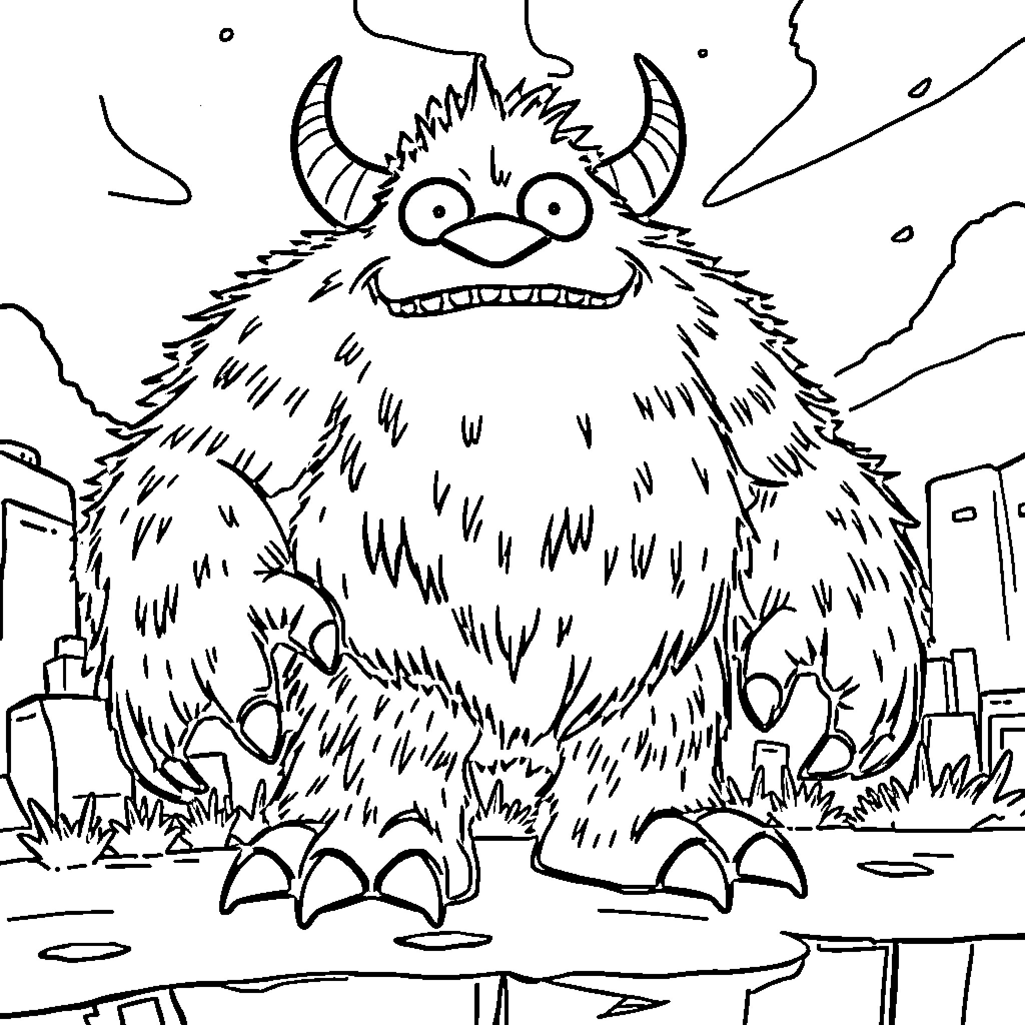 Monster with Horns Grinning in Outdoor Scene Coloring Page (free black-and-white line drawing printable PDF for all, from beginners to advanced learners, including children, teens, adults, and seniors)