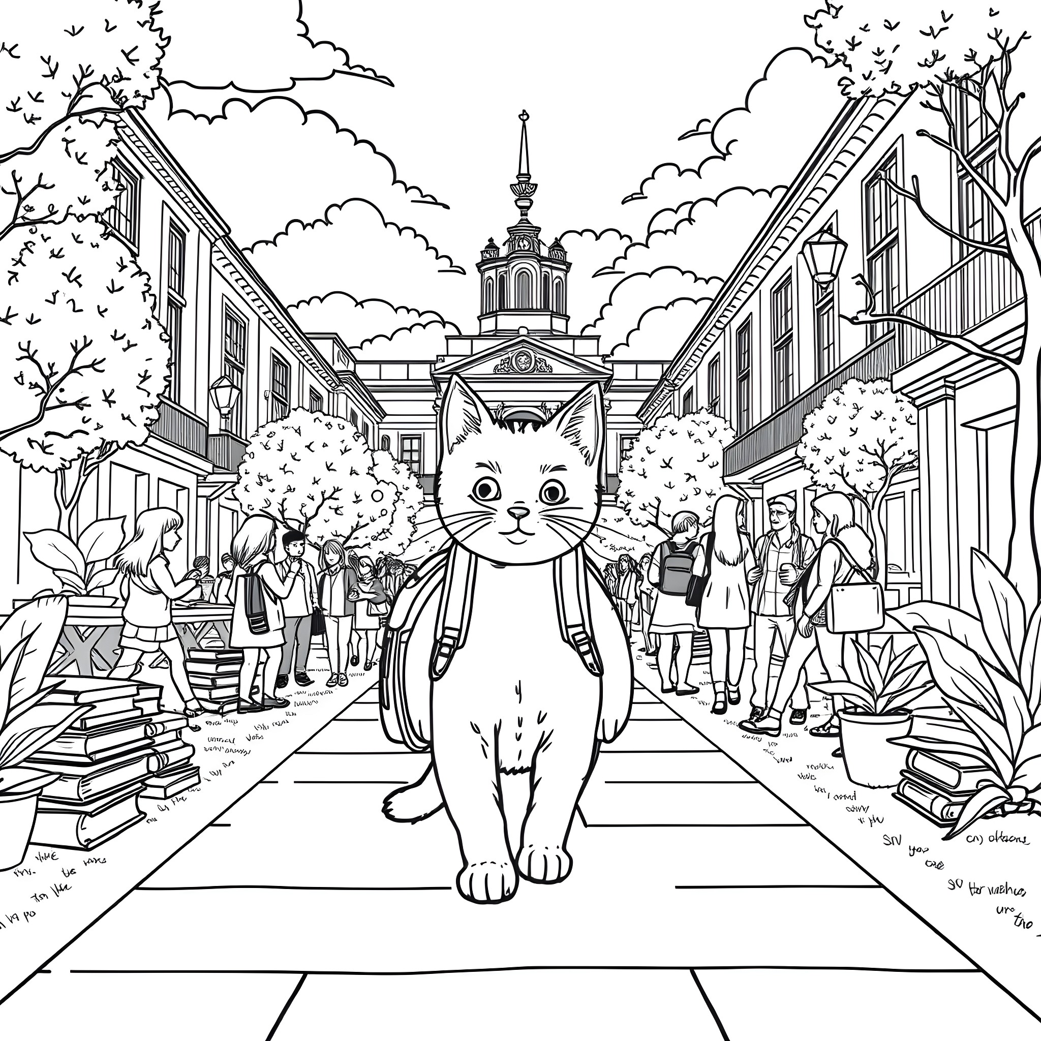 Cat exploring a bustling city street Coloring Page (free black-and-white line drawing printable PDF for all, from beginners to advanced learners, including children, teens, adults, and seniors)