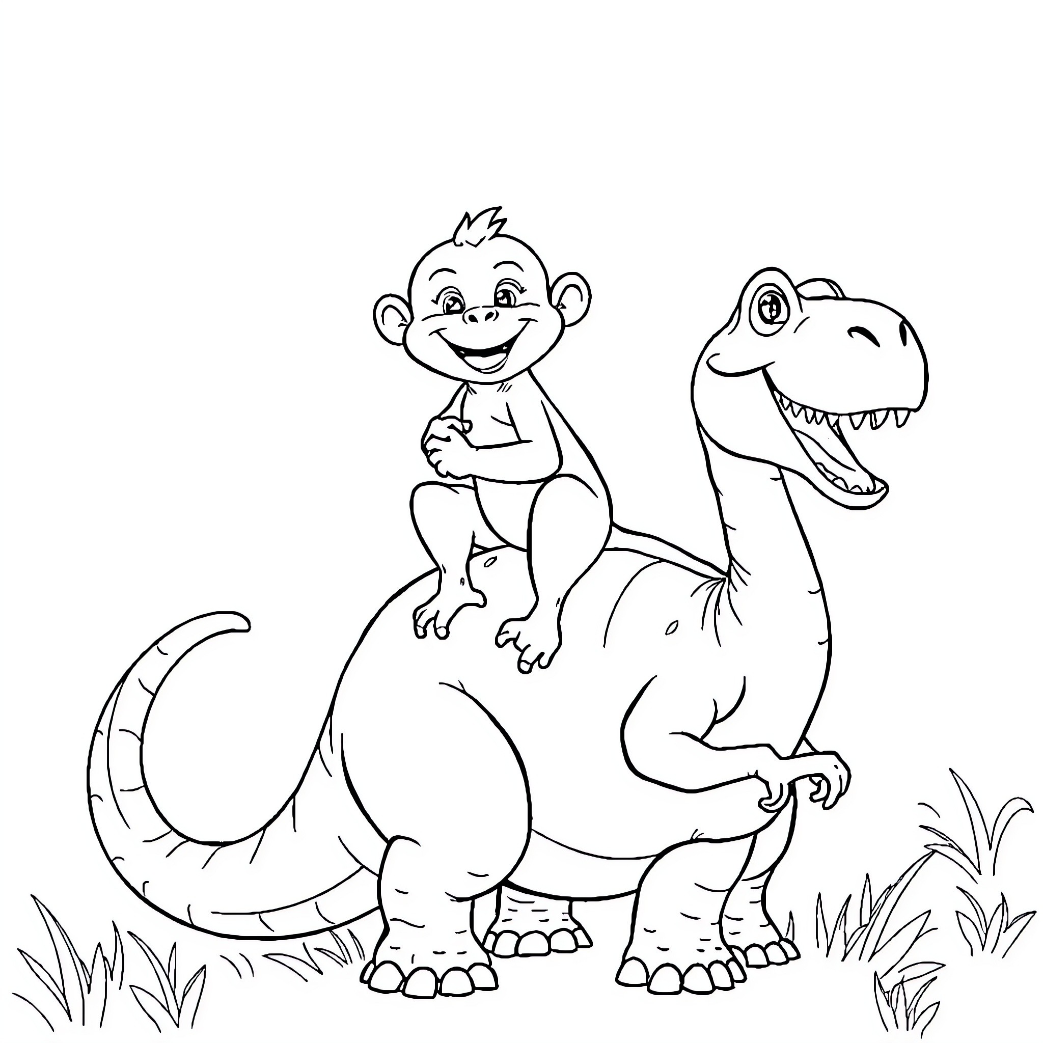 Monkey riding a friendly dinosaur Coloring Page (free black-and-white line drawing printable PDF for all, from beginners to advanced learners, including children, teens, adults, and seniors)