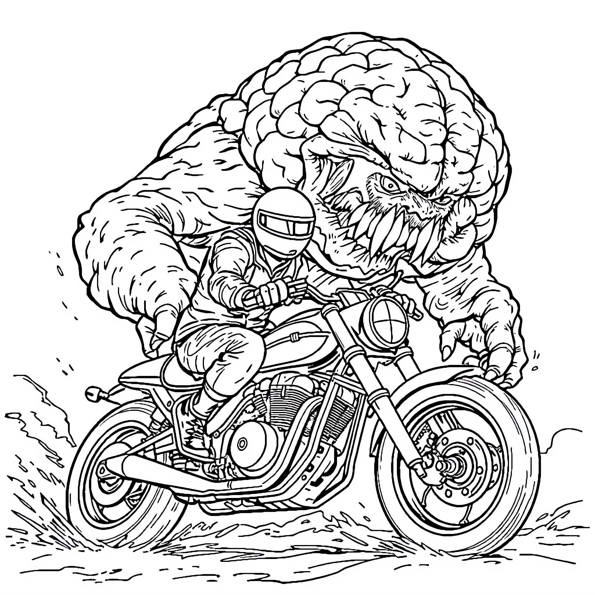 Motorcycle with a monstrous rider speeding down the road Coloring Page (free black-and-white line drawing printable PDF for all, from beginners to advanced learners, including children, teens, adults, and seniors)