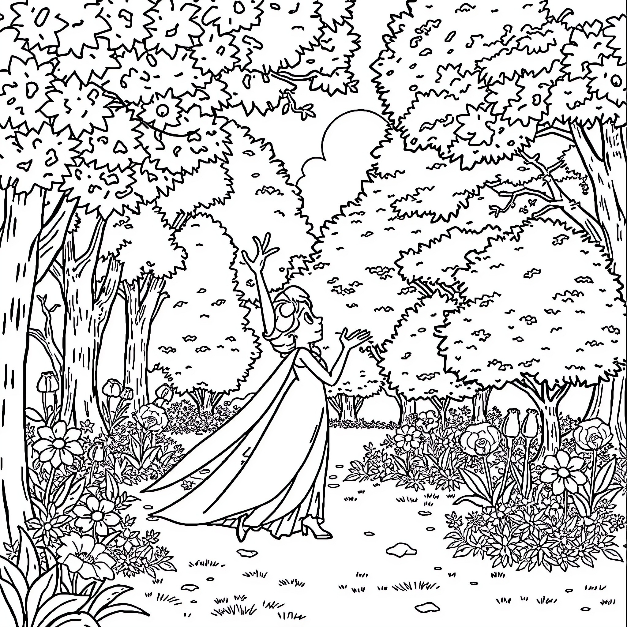 Elsa's Enchanted Forest Adventure Coloring Page (free black-and-white line drawing printable PDF for all, from beginners to advanced learners, including children, teens, adults, and seniors)