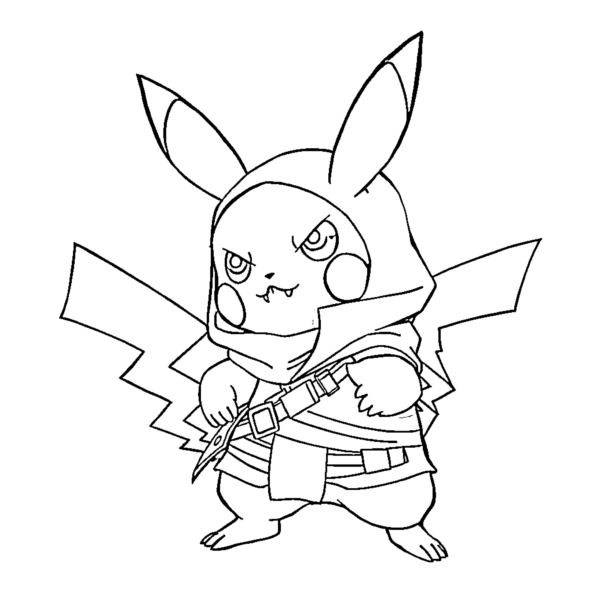 Pikachu in a battle stance with gear Coloring Page (free black-and-white line drawing printable PDF for all, from beginners to advanced learners, including children, teens, adults, and seniors)