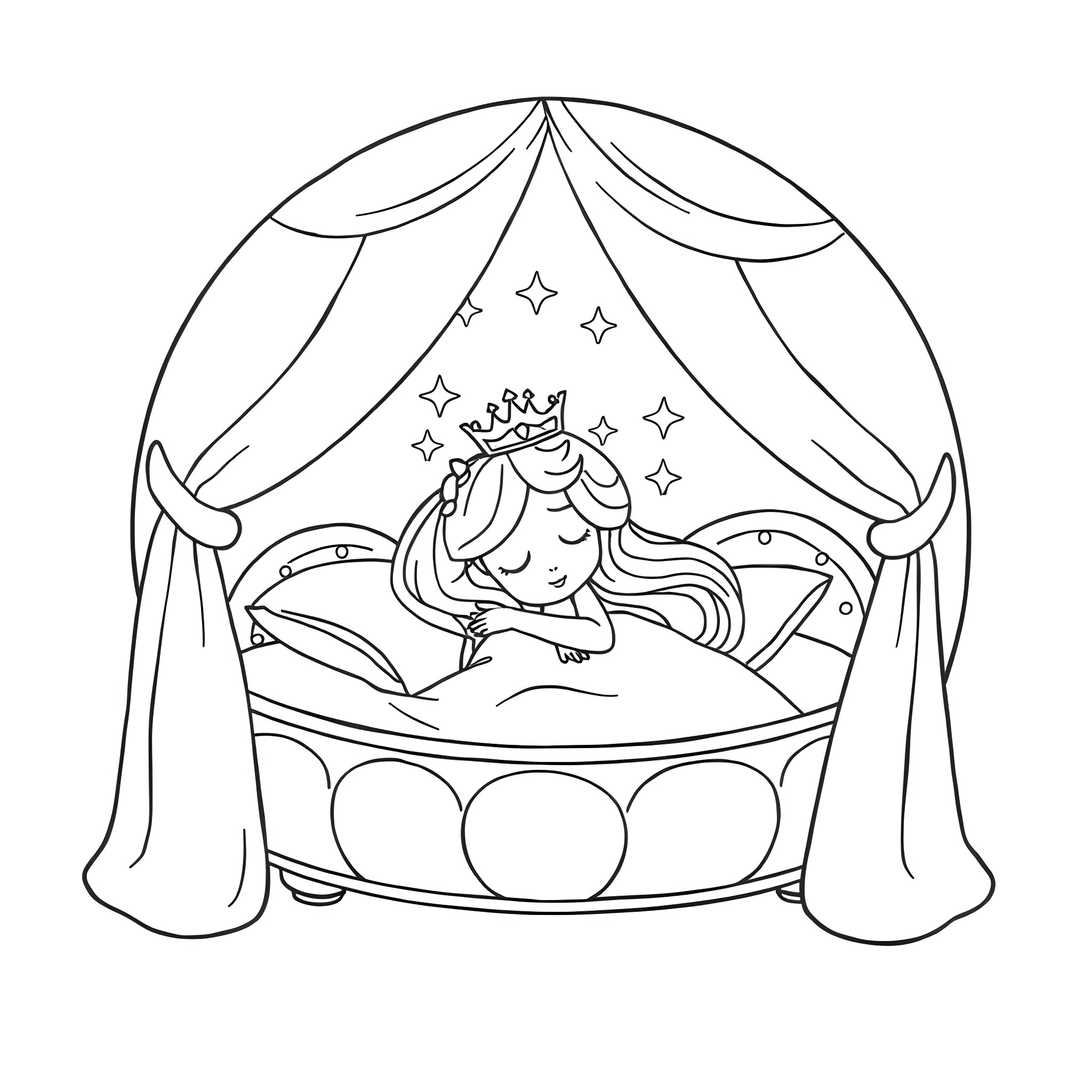 Princess resting peacefully on a fancy bed Coloring Page (free black-and-white line drawing printable PDF for all, from beginners to advanced learners, including children, teens, adults, and seniors)