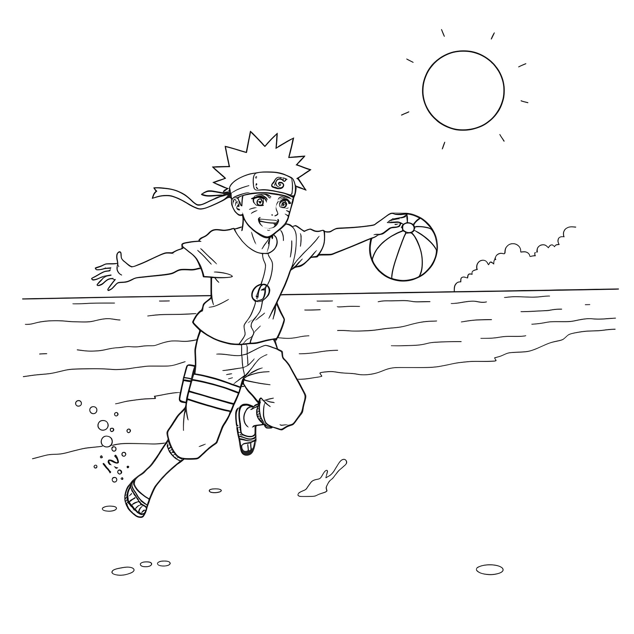 Naruto playing joyfully with a beach ball Coloring Page (free black-and-white line drawing printable PDF for all, from beginners to advanced learners, including children, teens, adults, and seniors)