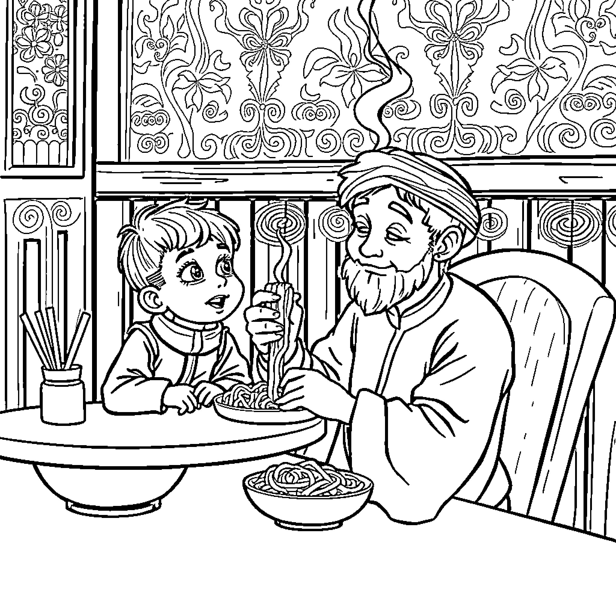 Rumi's Mealtime with Beloved Companion Coloring Page (free black-and-white line drawing printable PDF for all, from beginners to advanced learners, including children, teens, adults, and seniors)