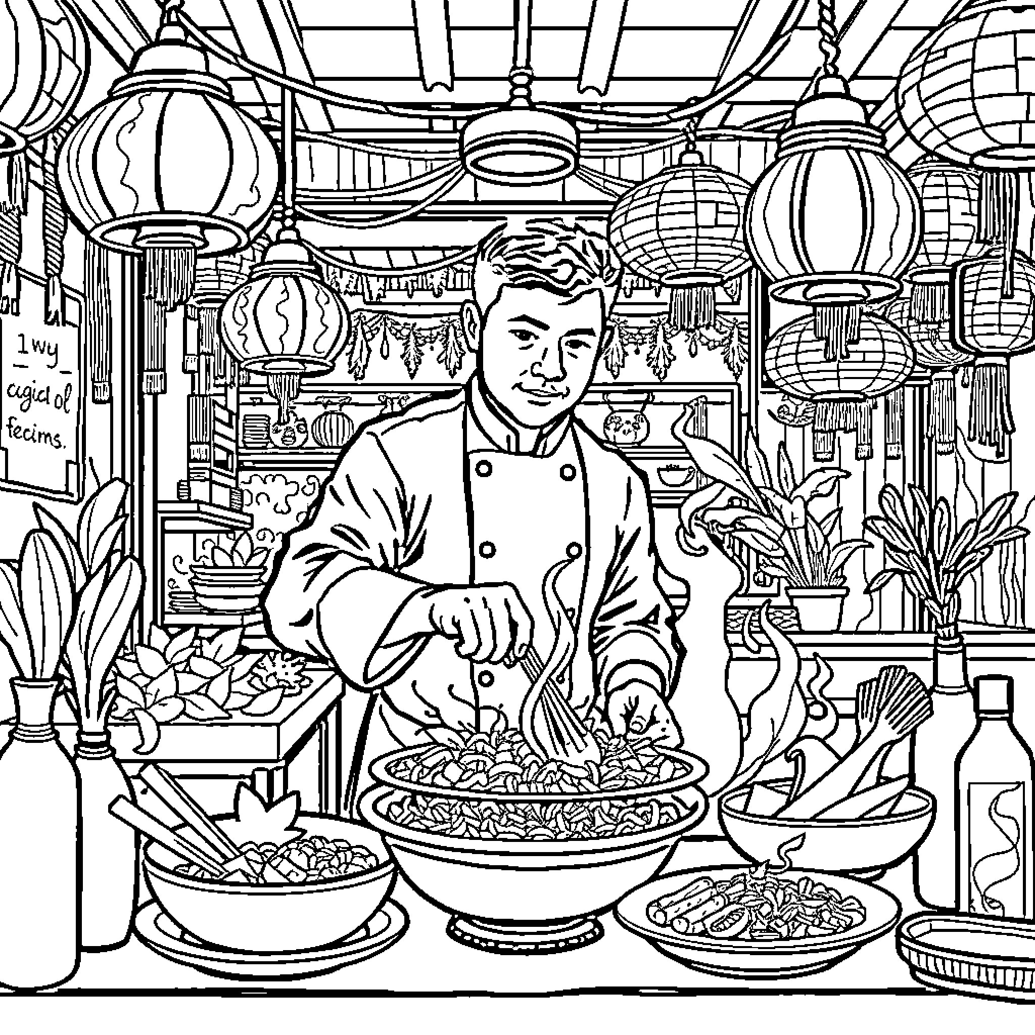 Food Preparation in Vibrant Restaurant Kitchen Coloring Page (free black-and-white line drawing printable PDF for all, from beginners to advanced learners, including children, teens, adults, and seniors)