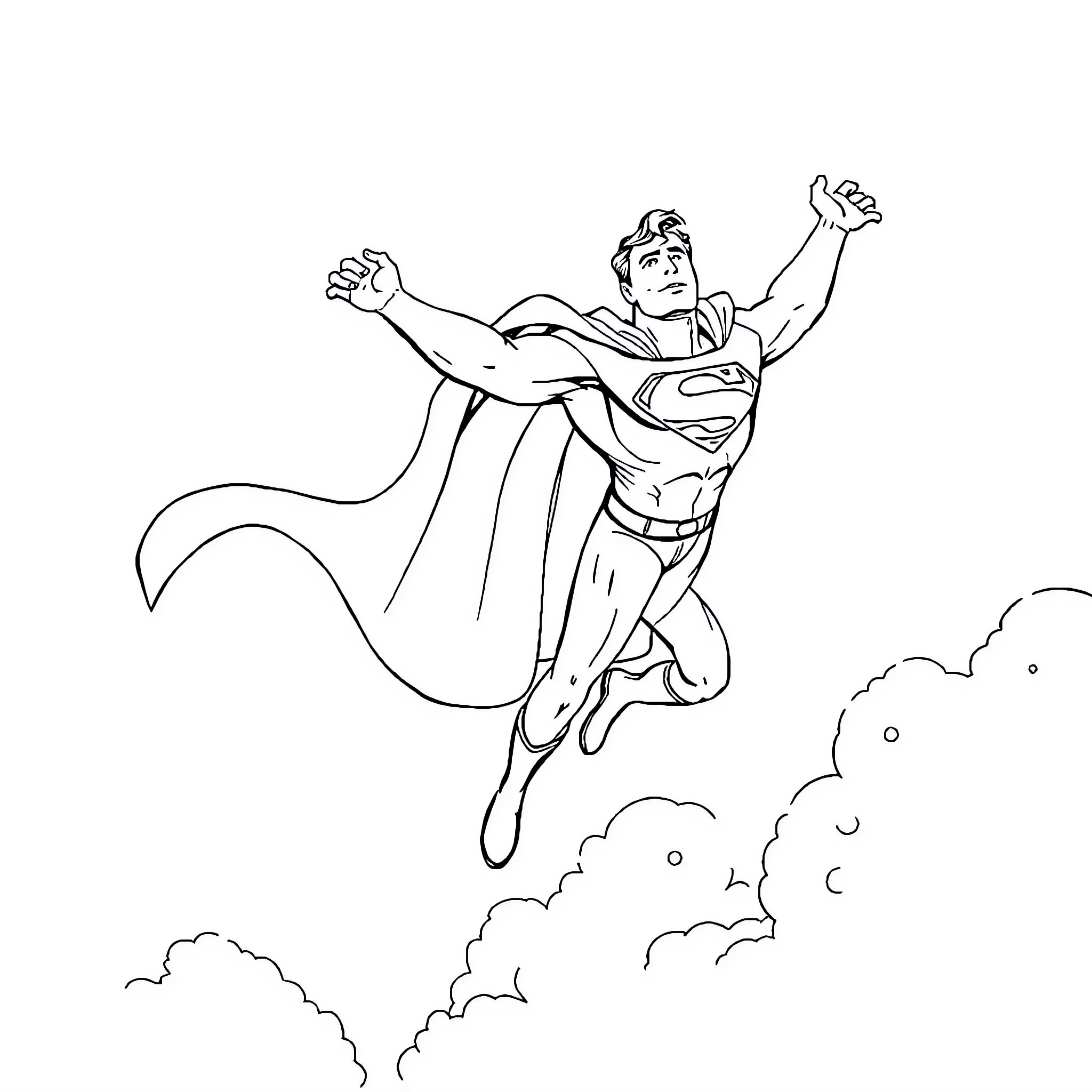 Superman flying through the sky with outstretched arms Coloring Page (free black-and-white line drawing printable PDF for all, from beginners to advanced learners, including children, teens, adults, and seniors)