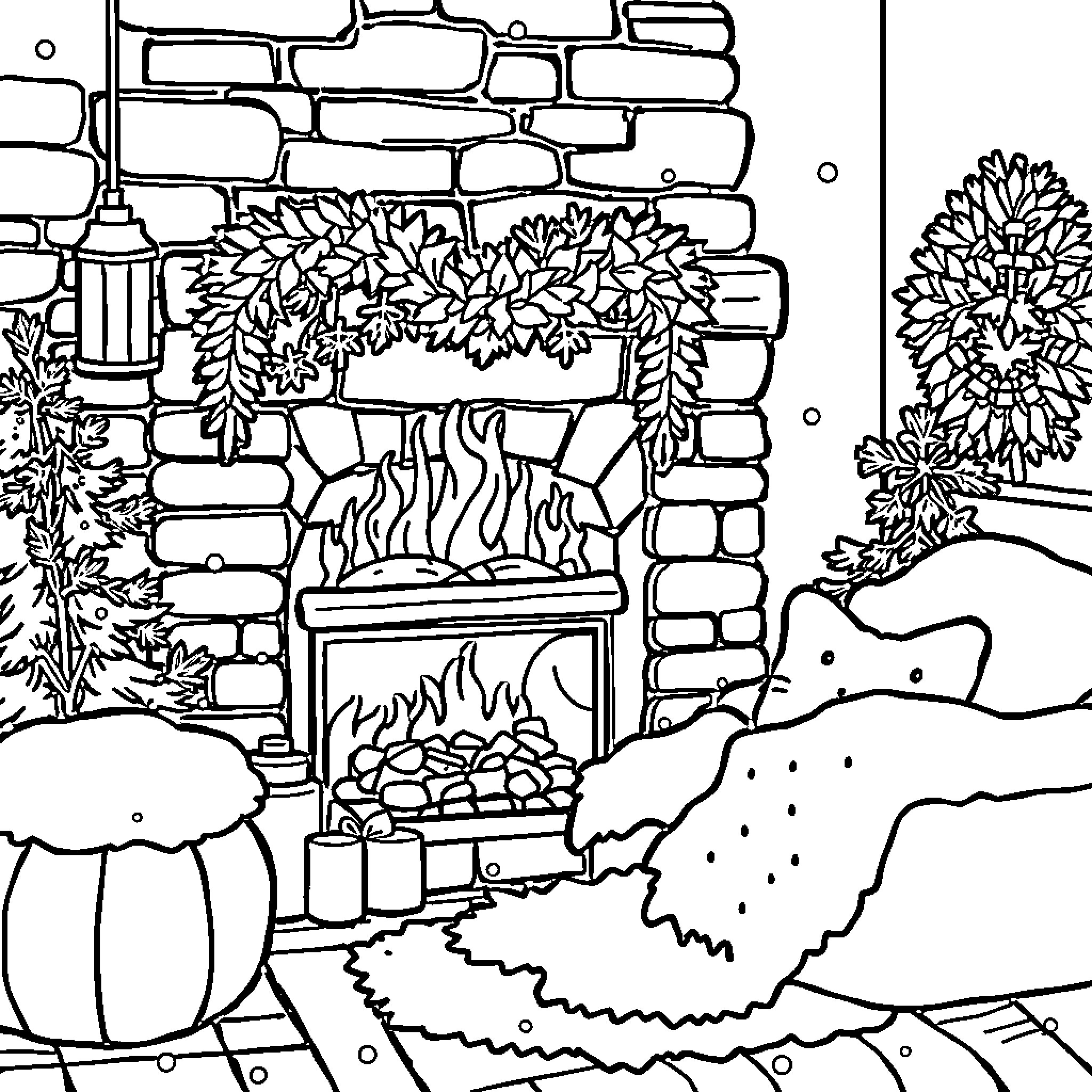 Book of Cozy Fireplace Scene Coloring Page (free black-and-white line drawing printable PDF for all, from beginners to advanced learners, including children, teens, adults, and seniors)