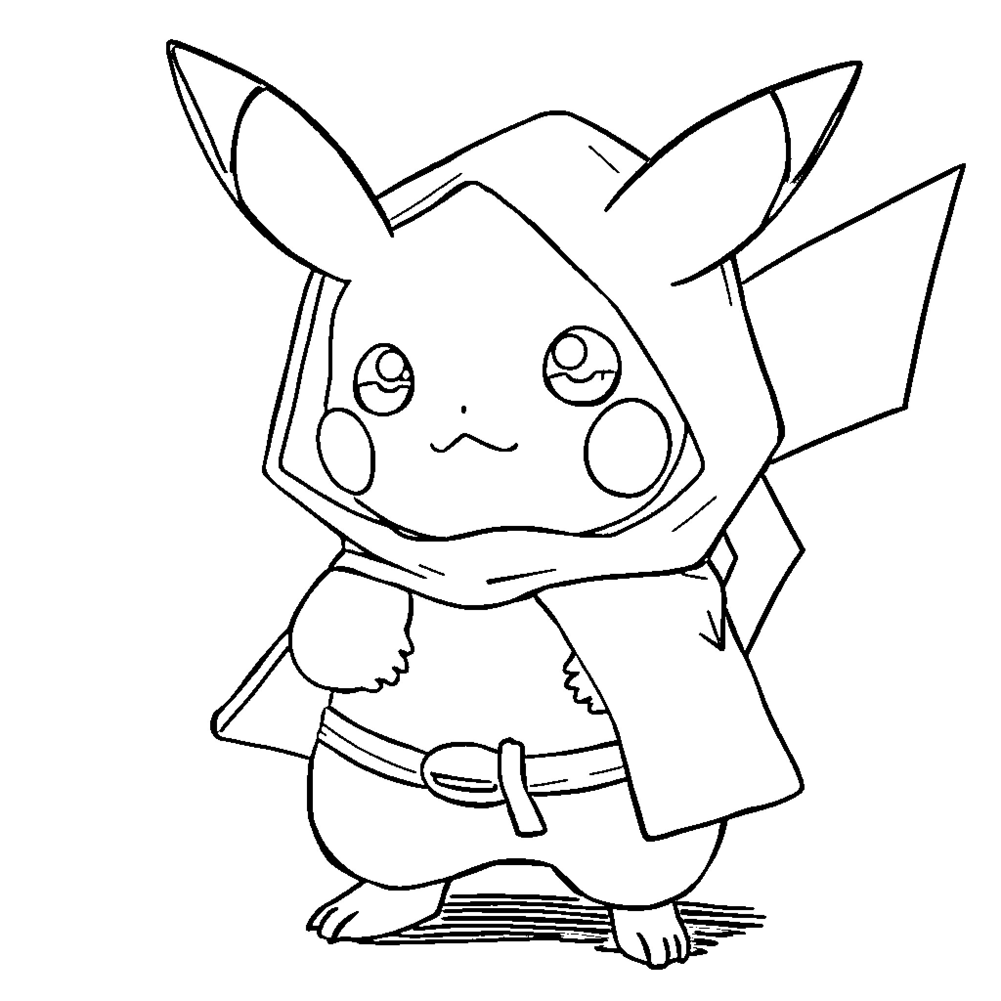 Pikachu in a cute adventure outfit Coloring Page (free black-and-white line drawing printable PDF for all, from beginners to advanced learners, including children, teens, adults, and seniors)