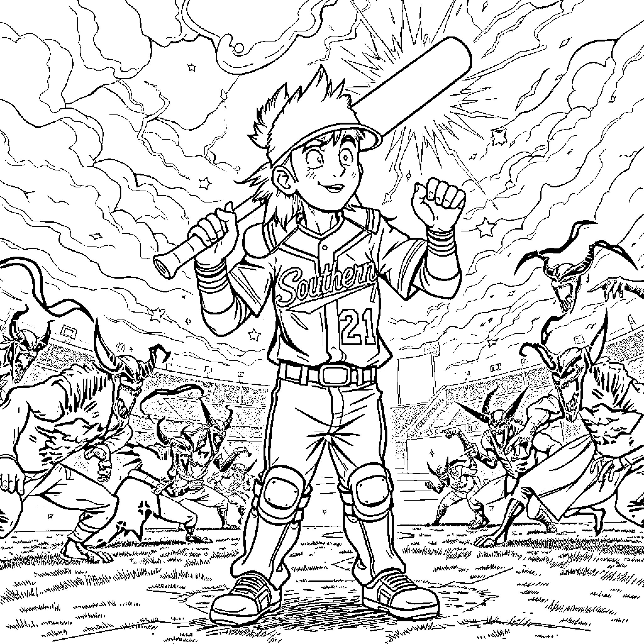 Baseball Player Batting Amidst Supernatural Creatures Coloring Page (free black-and-white line drawing printable PDF for all, from beginners to advanced learners, including children, teens, adults, and seniors)