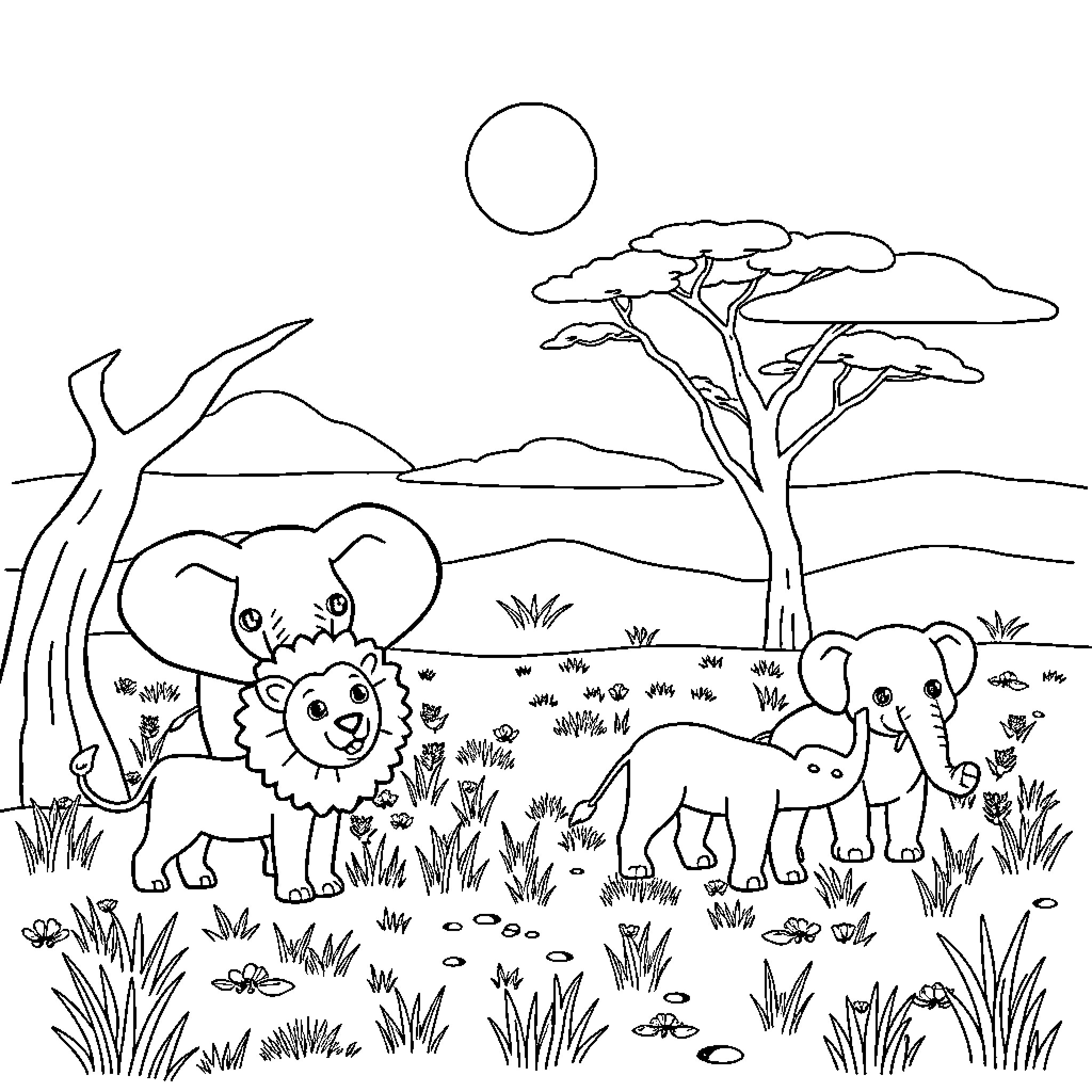 Savannah scene with playful elephant calves Coloring Page (free black-and-white line drawing printable PDF for all, from beginners to advanced learners, including children, teens, adults, and seniors)
