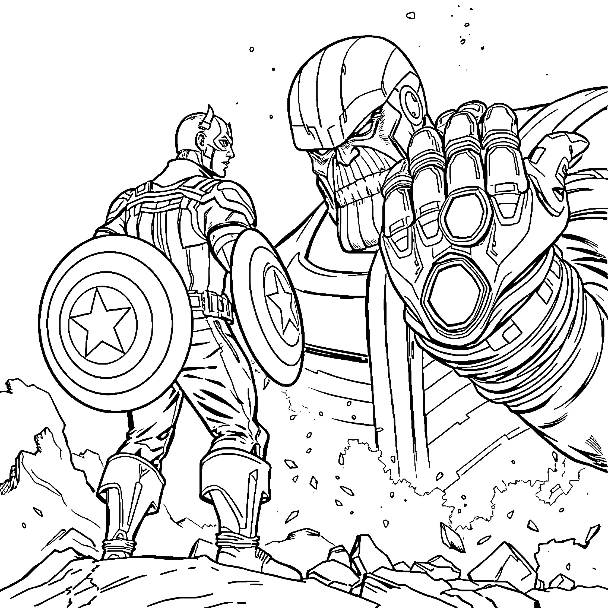 Captain America faces off against an imposing foe Coloring Page (free black-and-white line drawing printable PDF for all, from beginners to advanced learners, including children, teens, adults, and seniors)