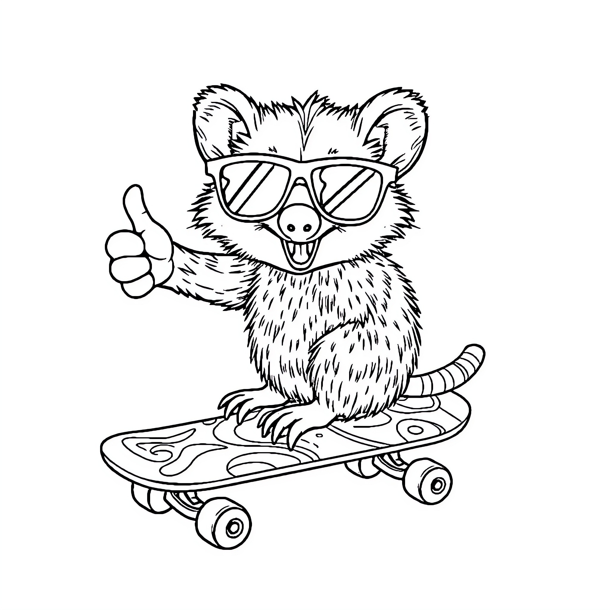 Possum riding a skateboard with sunglasses Coloring Page (free black-and-white line drawing printable PDF for all, from beginners to advanced learners, including children, teens, adults, and seniors)