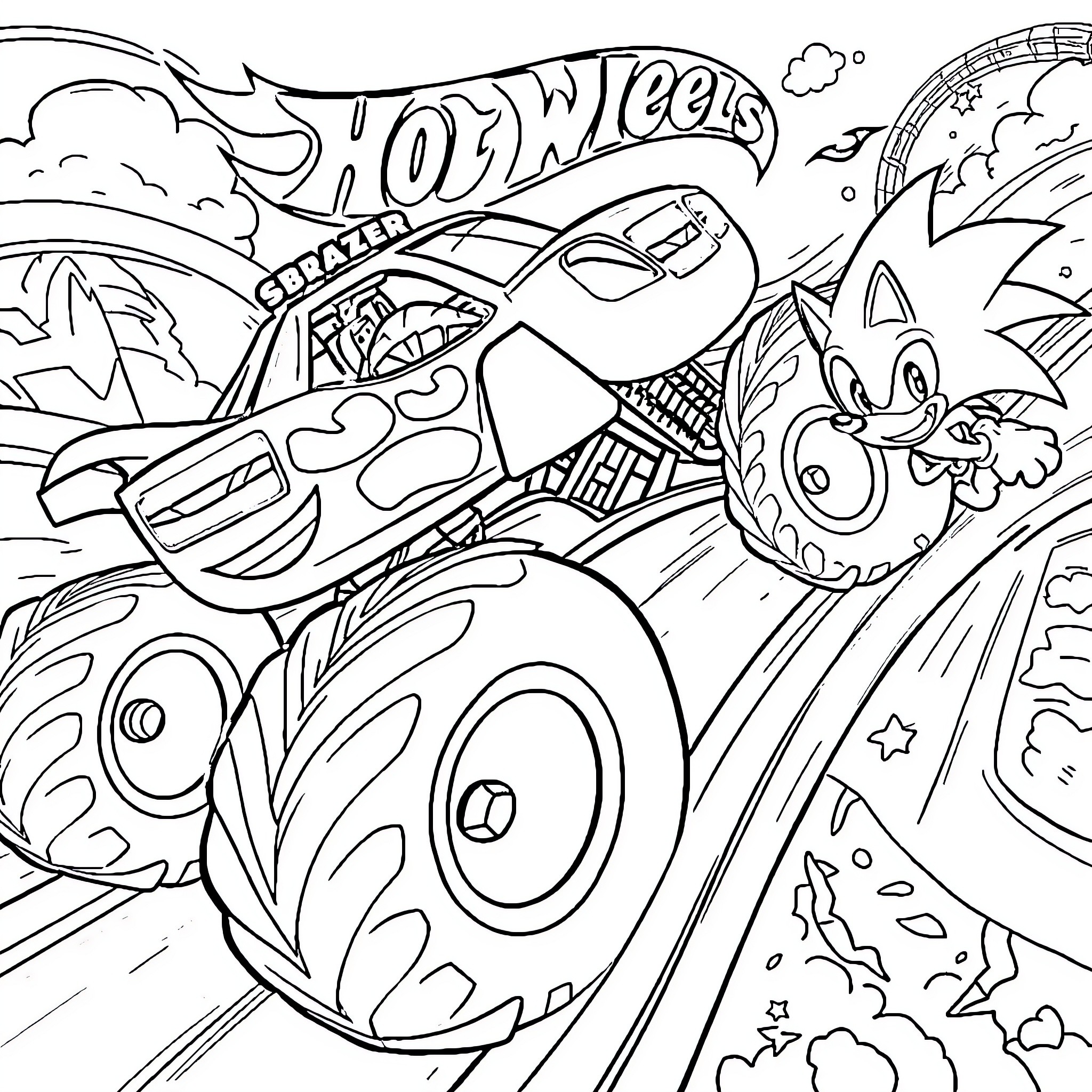 Blaze through Hot Wheels race track Coloring Page (free black-and-white line drawing printable PDF for all, from beginners to advanced learners, including children, teens, adults, and seniors)