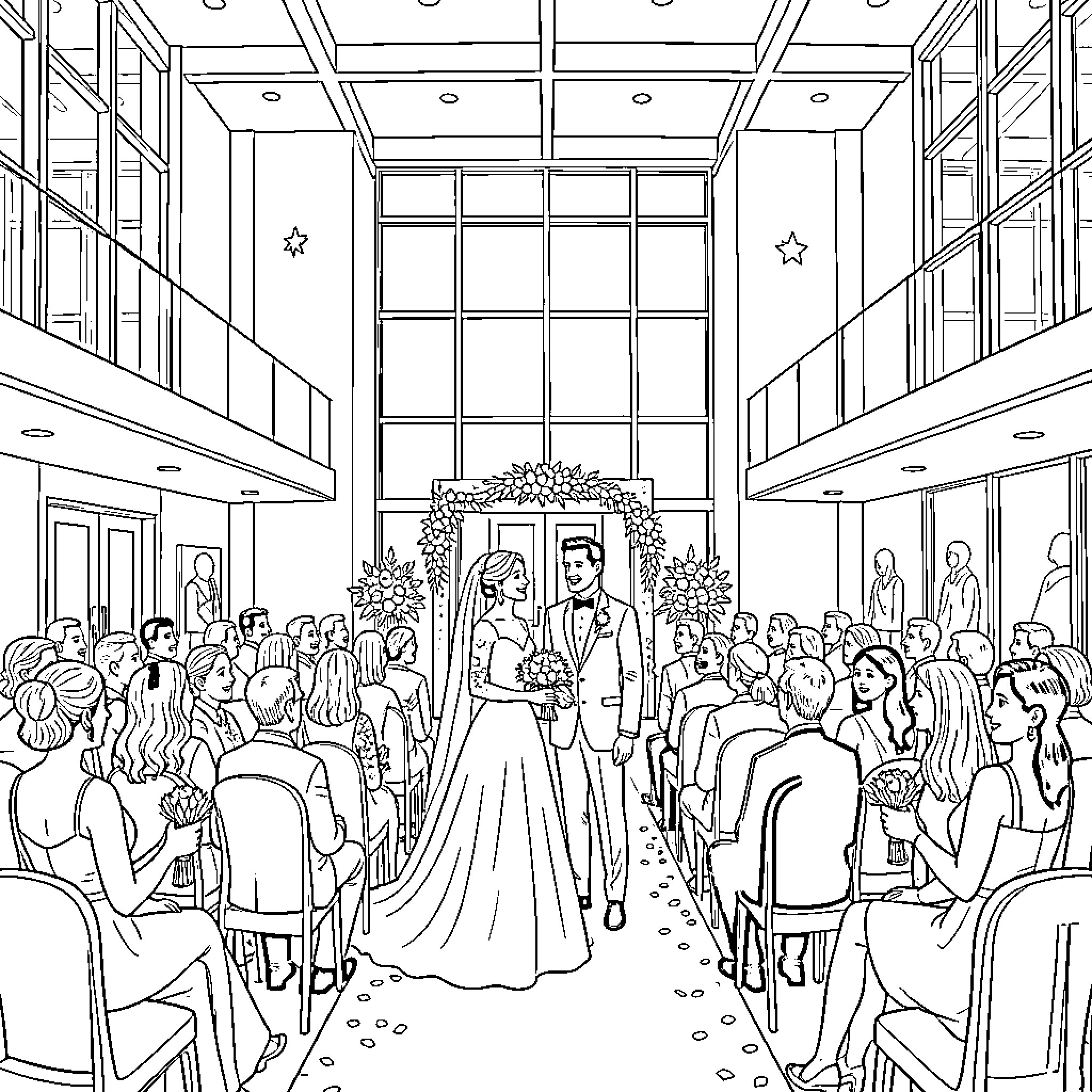 Wedding ceremony with bride and groom standing at altar Coloring Page (free black-and-white line drawing printable PDF for all, from beginners to advanced learners, including children, teens, adults, and seniors)