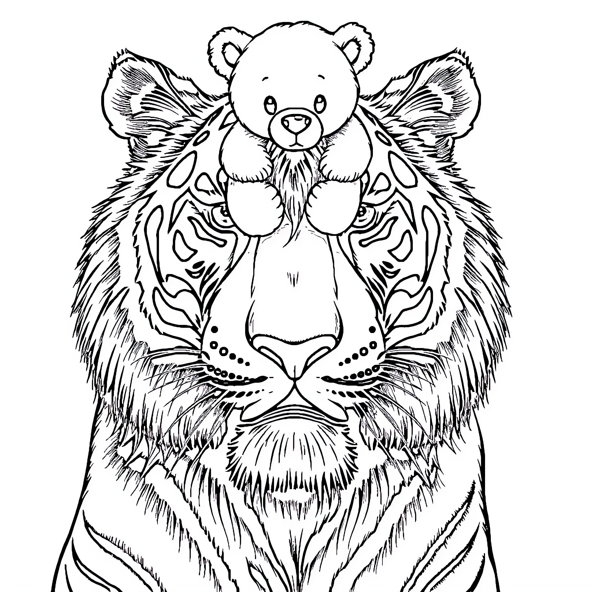 Teddy Bear Perched on Majestic Tiger Coloring Page (free black-and-white line drawing printable PDF for all, from beginners to advanced learners, including children, teens, adults, and seniors)