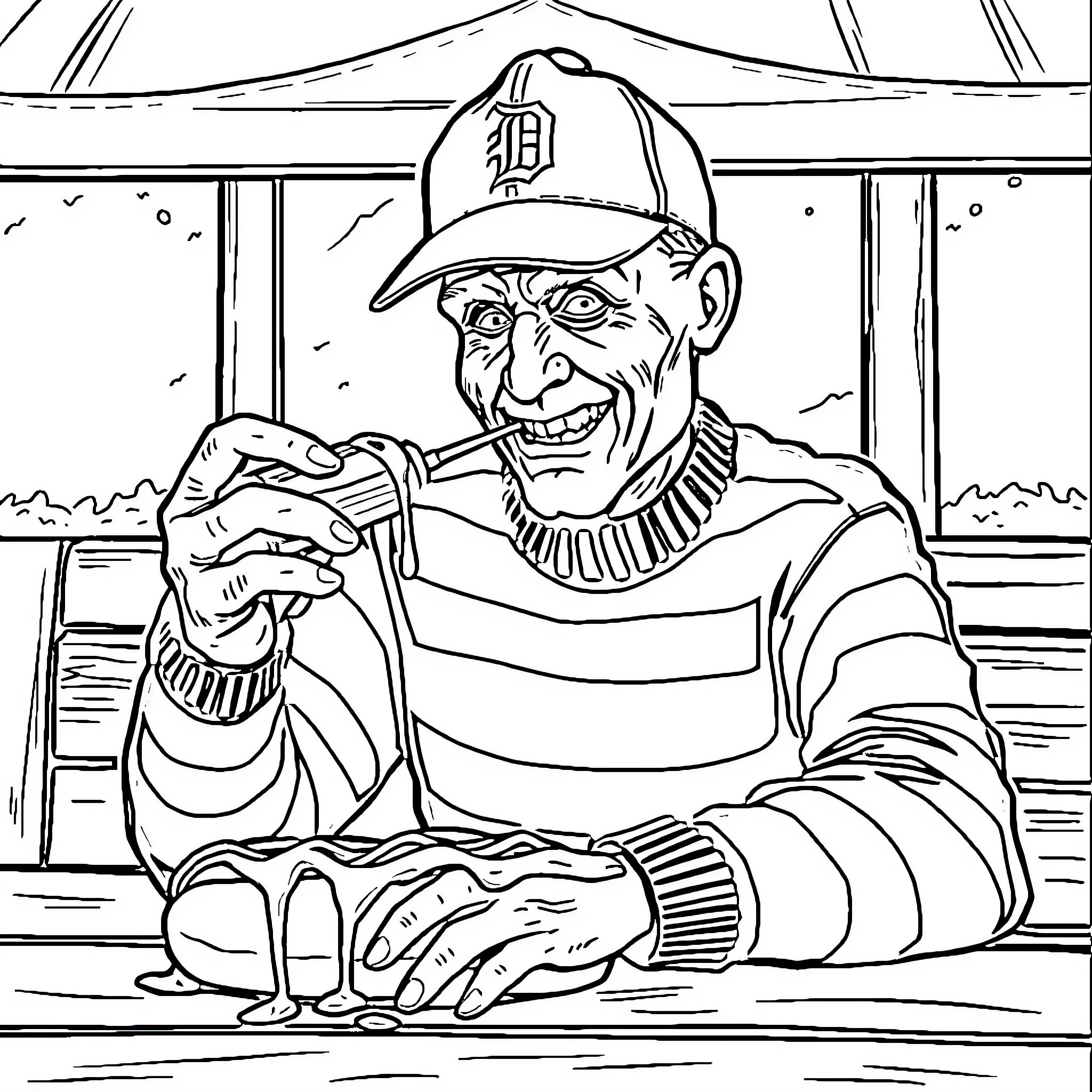 Freddy Krueger menacingly sharpening his claws in a dark environment Coloring Page (free black-and-white line drawing printable PDF for all, from beginners to advanced learners, including children, teens, adults, and seniors)