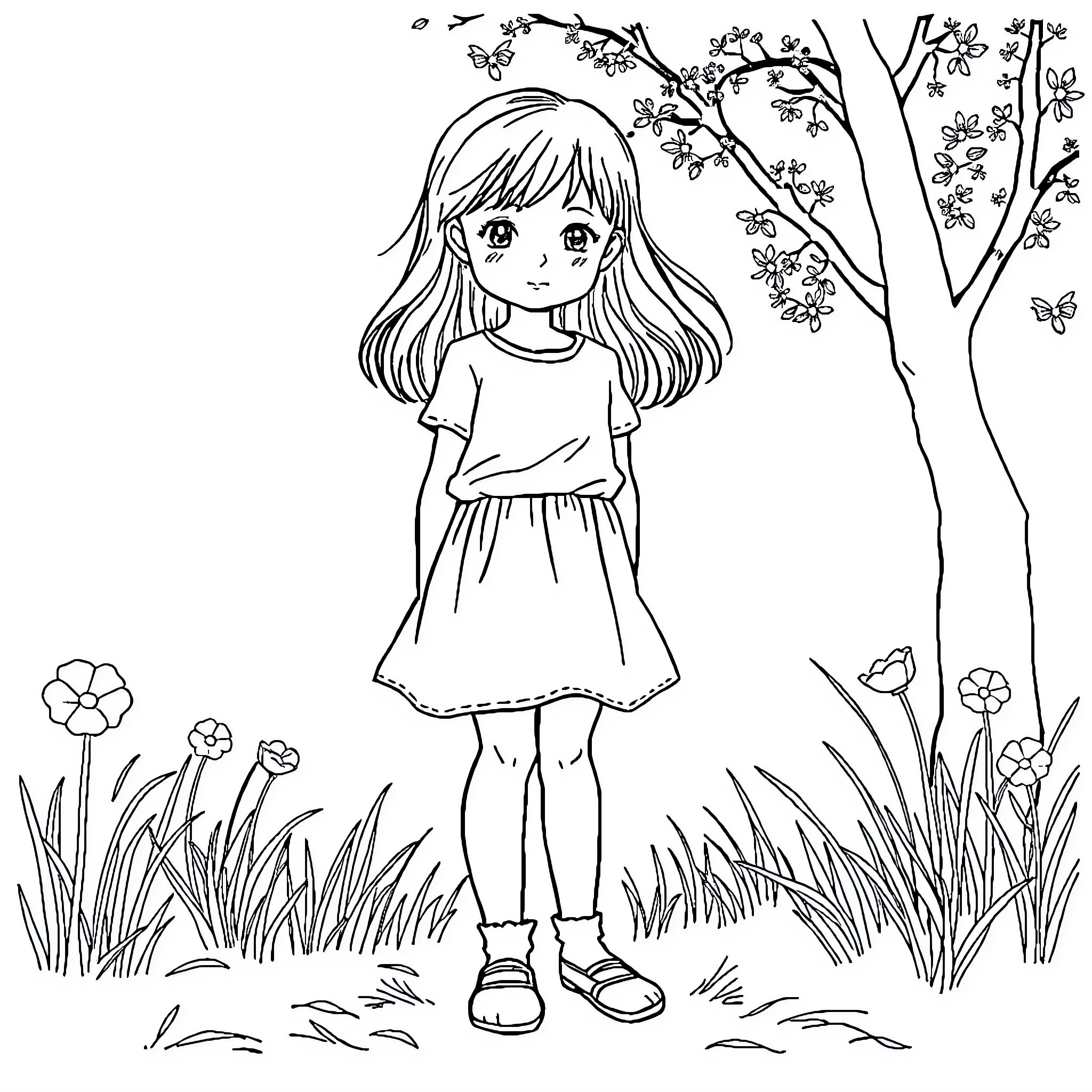 Girl standing in a garden with flowers and trees Coloring Page (free black-and-white line drawing printable PDF for all, from beginners to advanced learners, including children, teens, adults, and seniors)