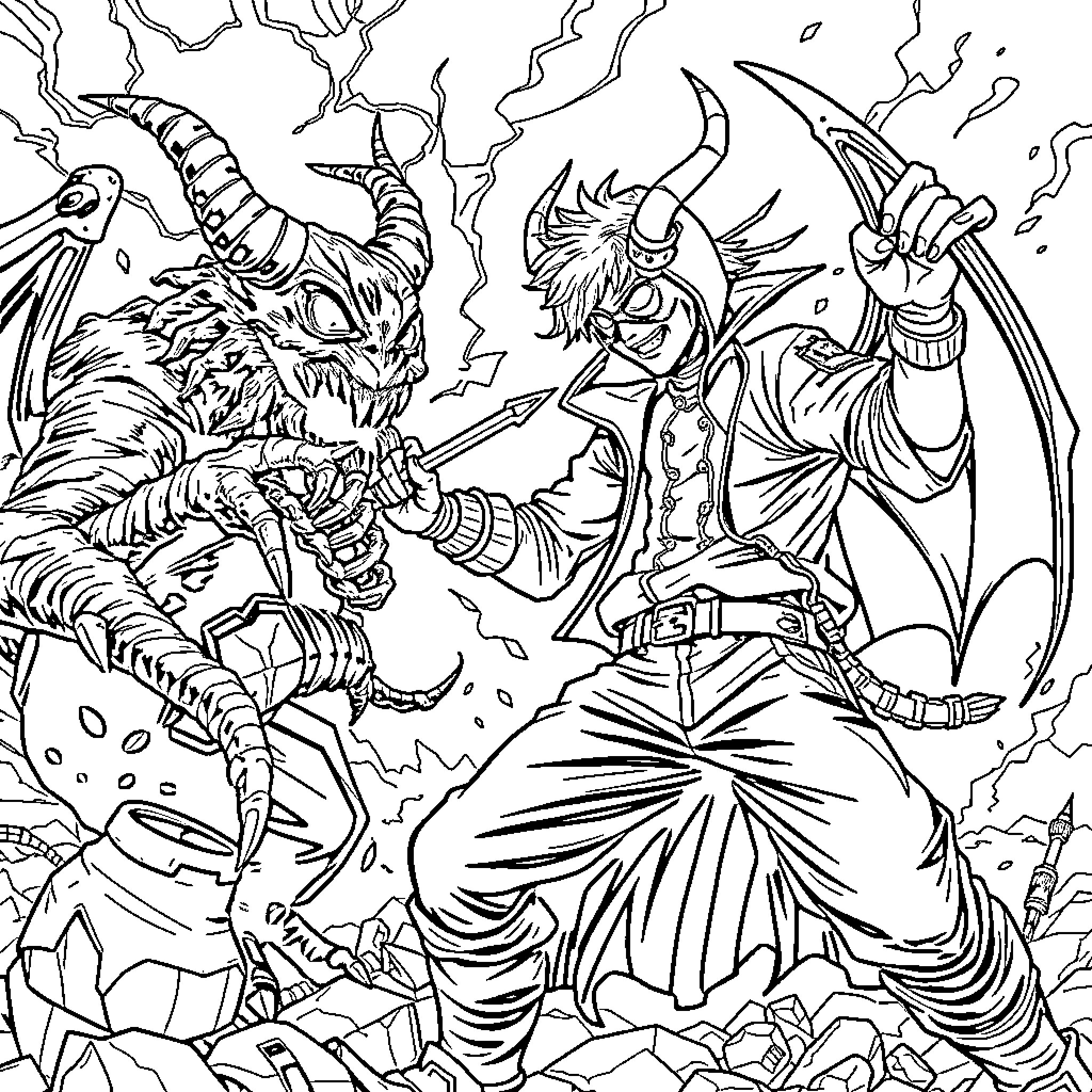 Demon Hunter battles fierce demonic creature Coloring Page (free black-and-white line drawing printable PDF for all, from beginners to advanced learners, including children, teens, adults, and seniors)