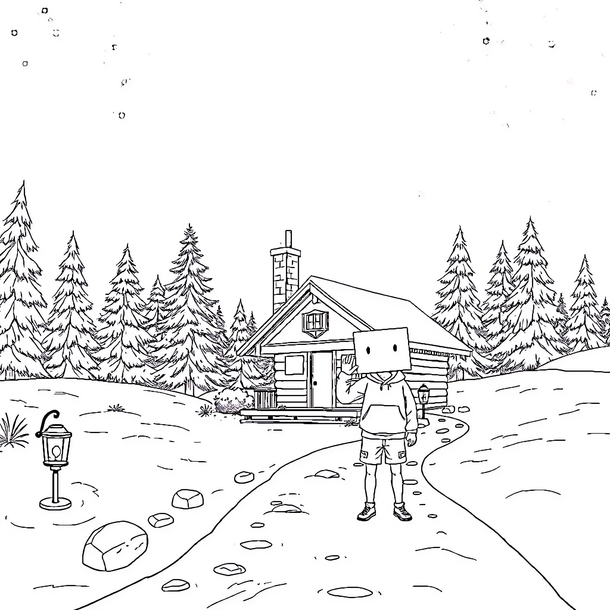 Character exploring the snowy mountain cabin scene Coloring Page (free black-and-white line drawing printable PDF for all, from beginners to advanced learners, including children, teens, adults, and seniors)