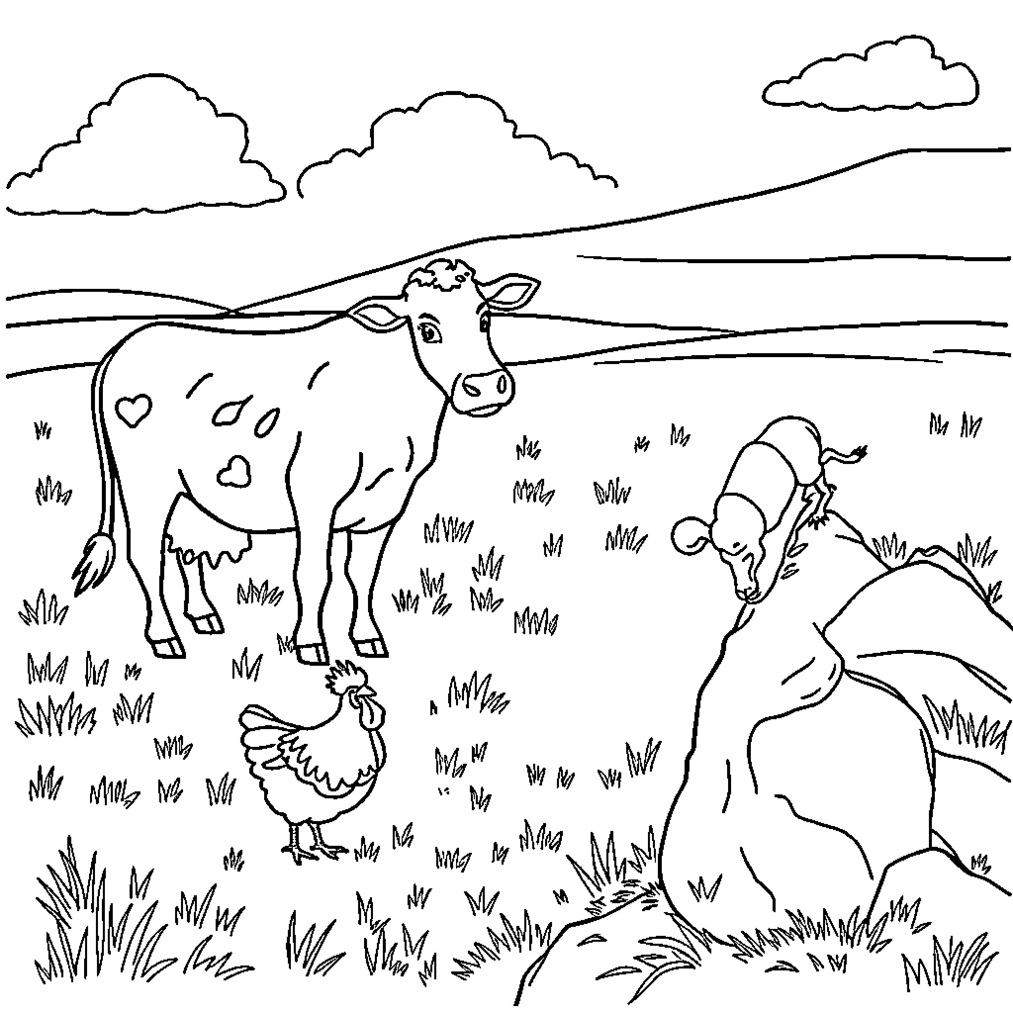 Animal farm scene with cow, chicken, and landscape Coloring Page (free black-and-white line drawing printable PDF for all, from beginners to advanced learners, including children, teens, adults, and seniors)