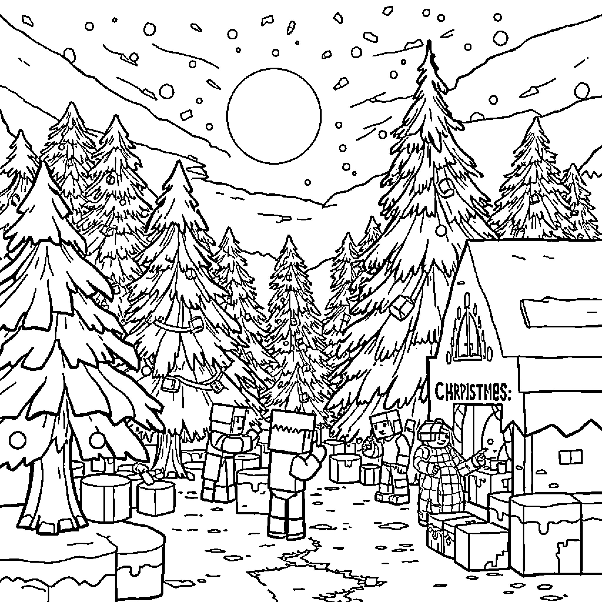 Minecraft Winter Wonderland with Holiday Decorations Coloring Page (free black-and-white line drawing printable PDF for all, from beginners to advanced learners, including children, teens, adults, and seniors)