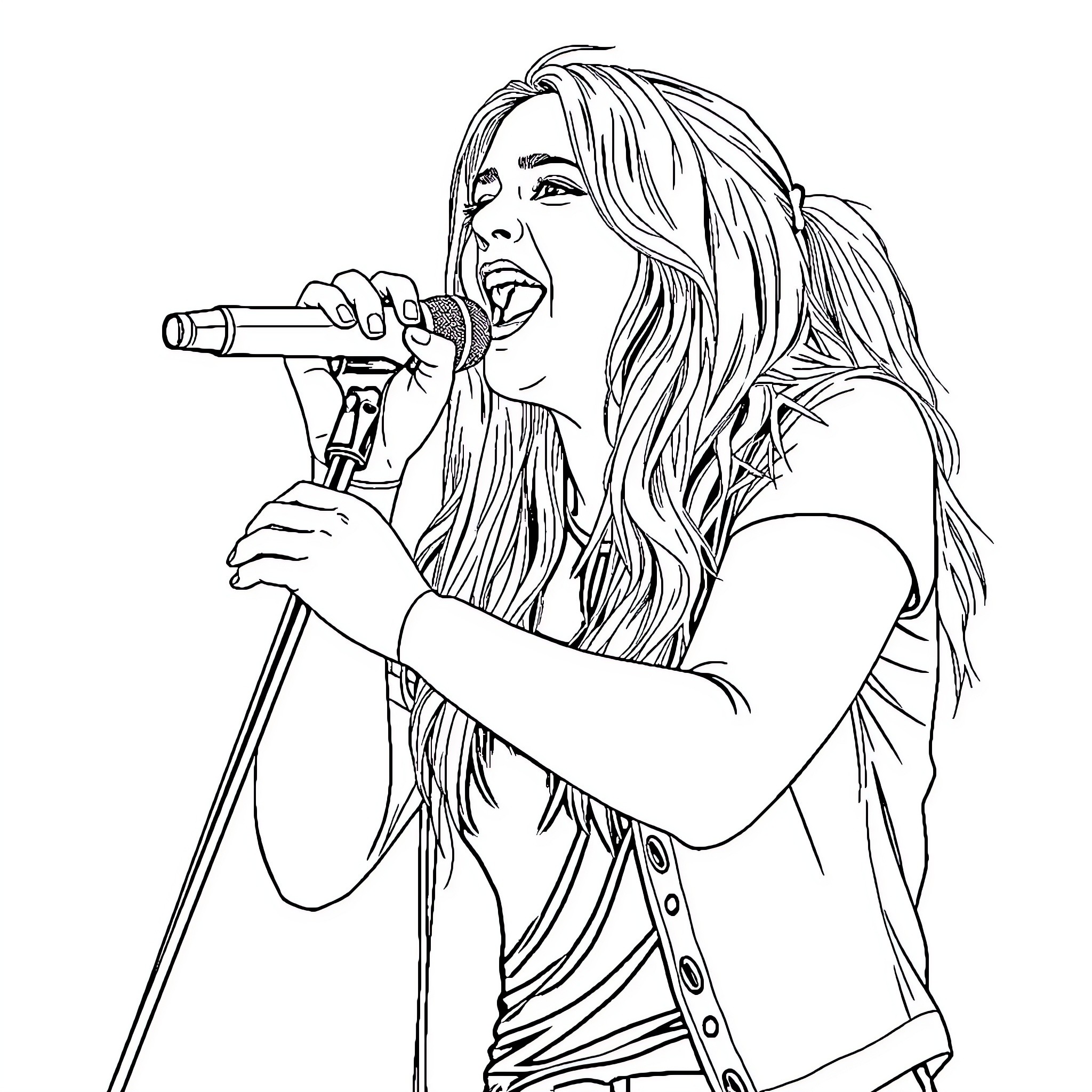 Avril Lavigne performing on stage with microphone Coloring Page (free black-and-white line drawing printable PDF for all, from beginners to advanced learners, including children, teens, adults, and seniors)