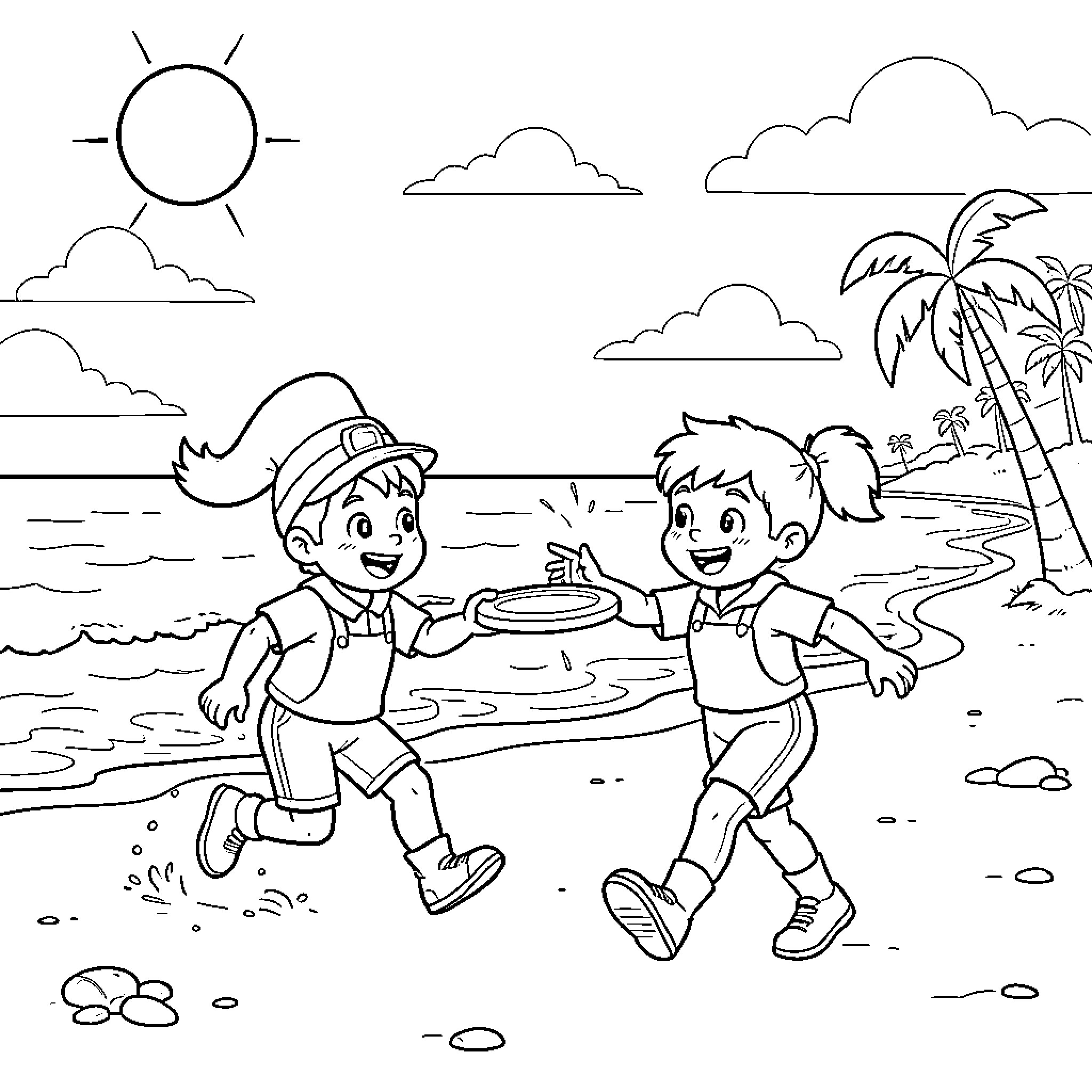 Pat Patrouille characters playing with a disc on the beach Coloring Page (free black-and-white line drawing printable PDF for all, from beginners to advanced learners, including children, teens, adults, and seniors)