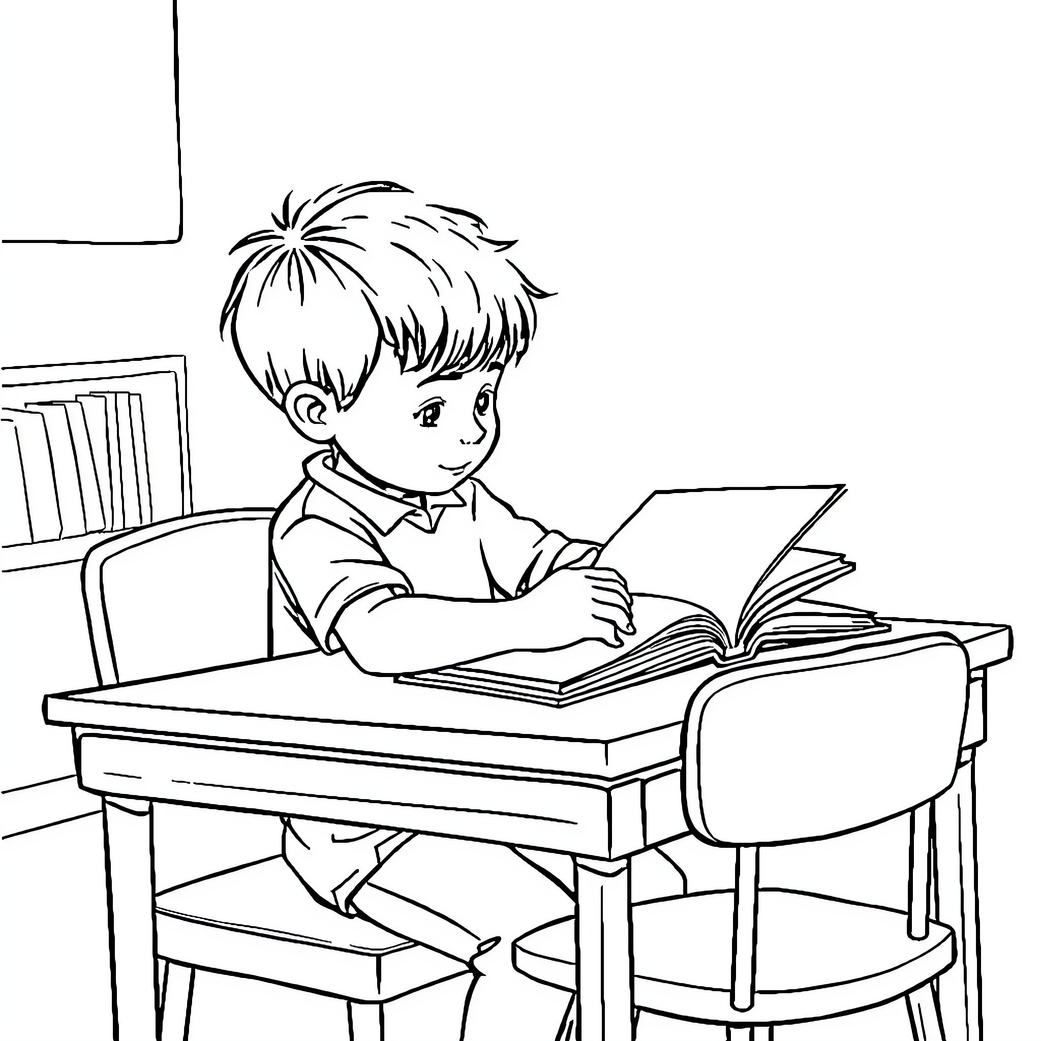 Enfant studieux travaillant sur ses devoirs Coloring Page (free black-and-white line drawing printable PDF for all, from beginners to advanced learners, including children, teens, adults, and seniors)