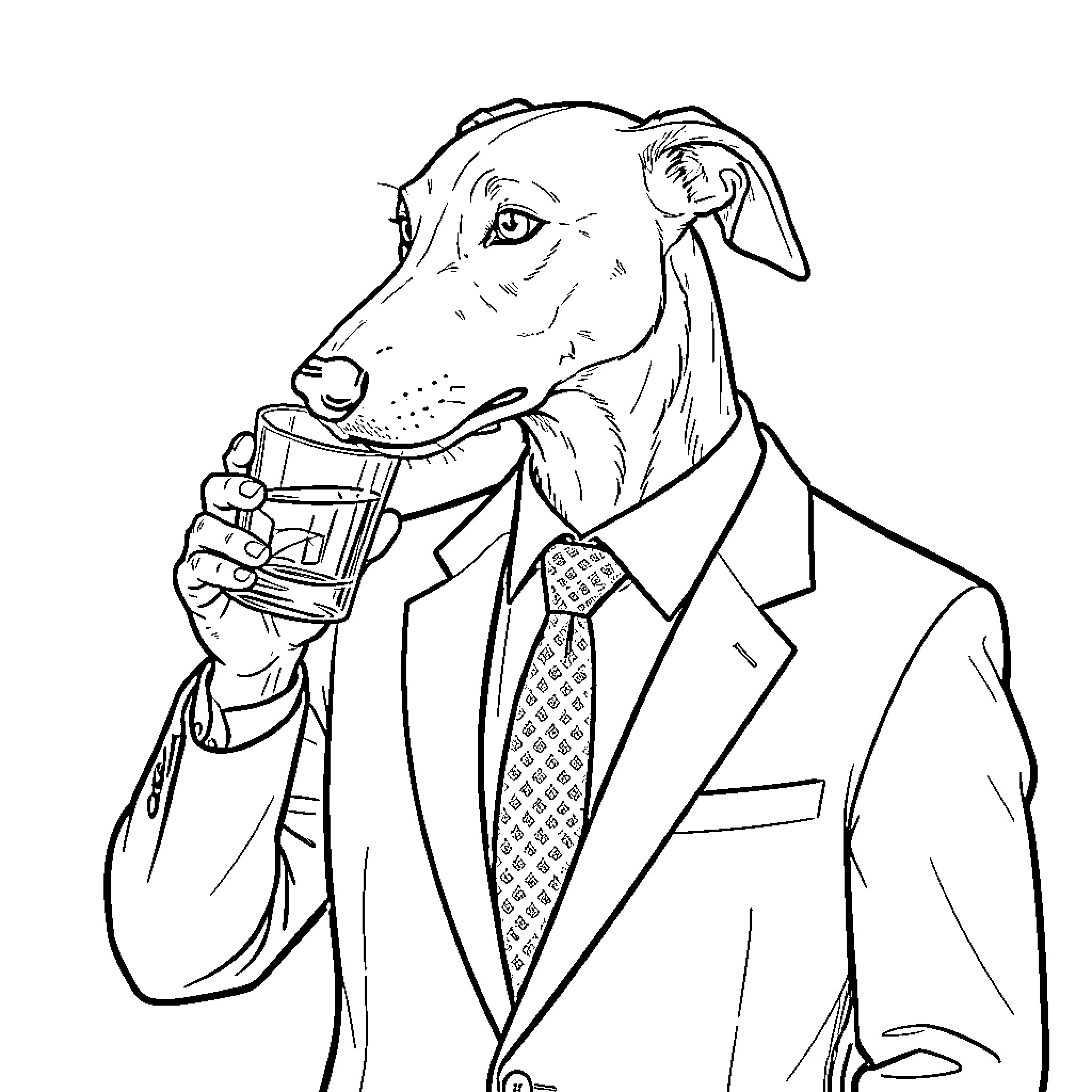 Greyhound in Business Attire Drinking Coffee Coloring Page (free black-and-white line drawing printable PDF for all, from beginners to advanced learners, including children, teens, adults, and seniors)