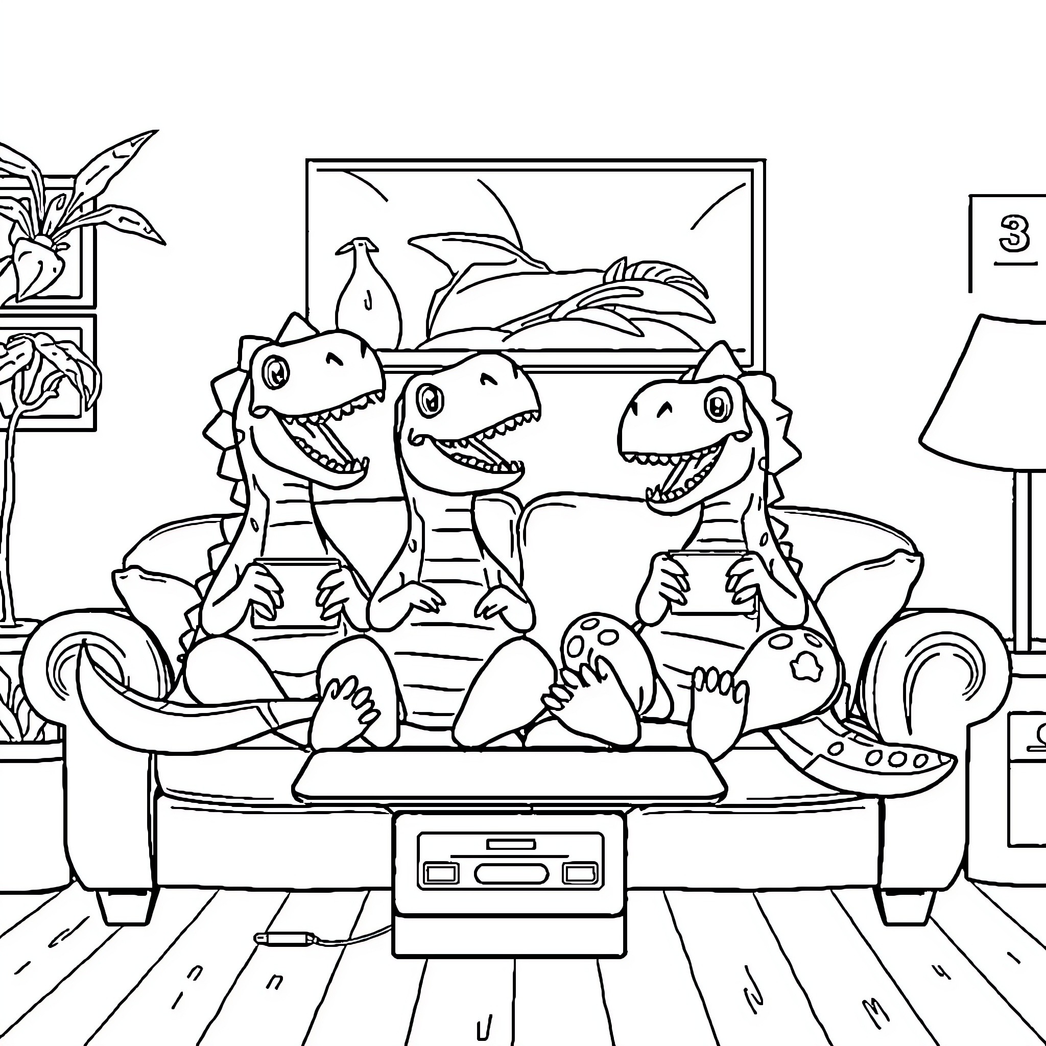 Dinosaurs relaxing on a couch in a living room Coloring Page (free black-and-white line drawing printable PDF for all, from beginners to advanced learners, including children, teens, adults, and seniors)