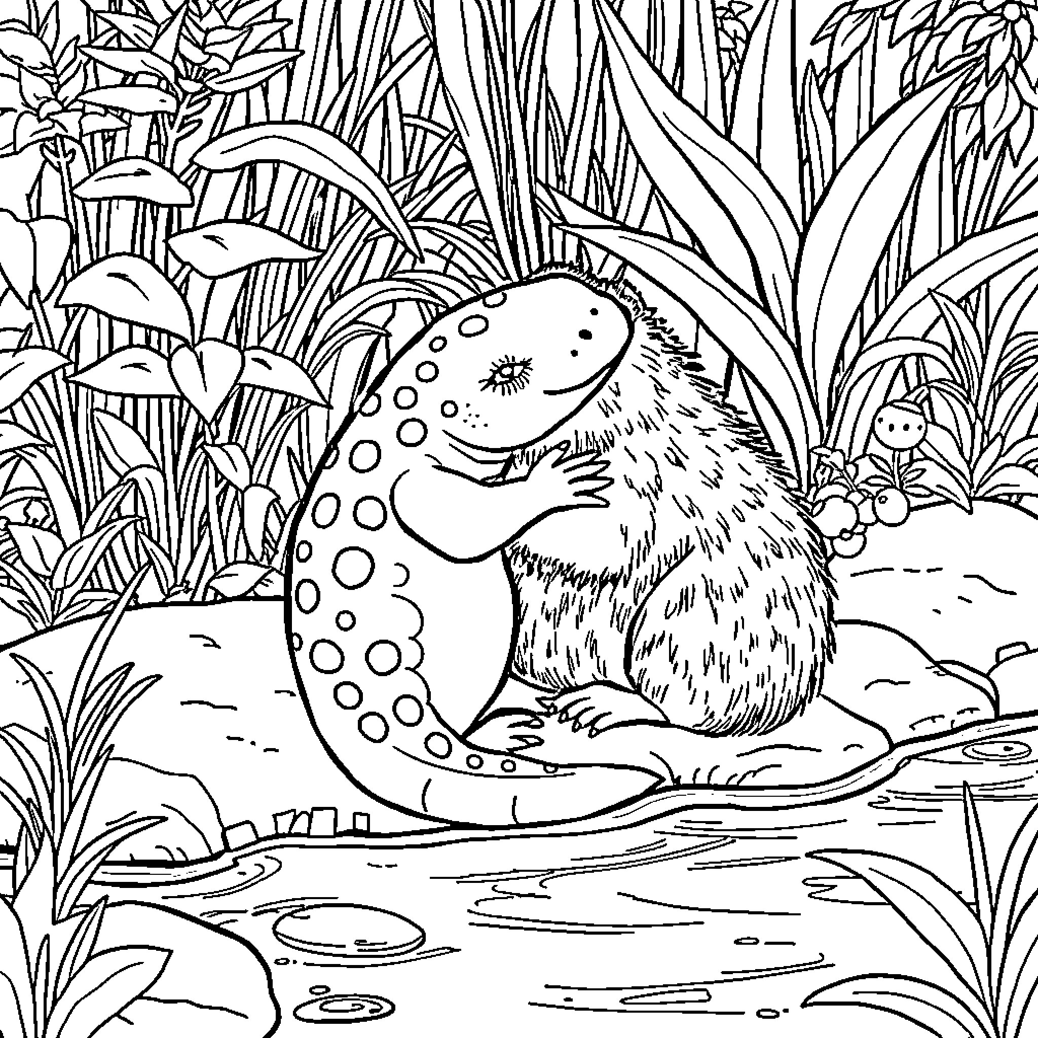 Axolotl exploring the lush underwater scene Coloring Page (free black-and-white line drawing printable PDF for all, from beginners to advanced learners, including children, teens, adults, and seniors)